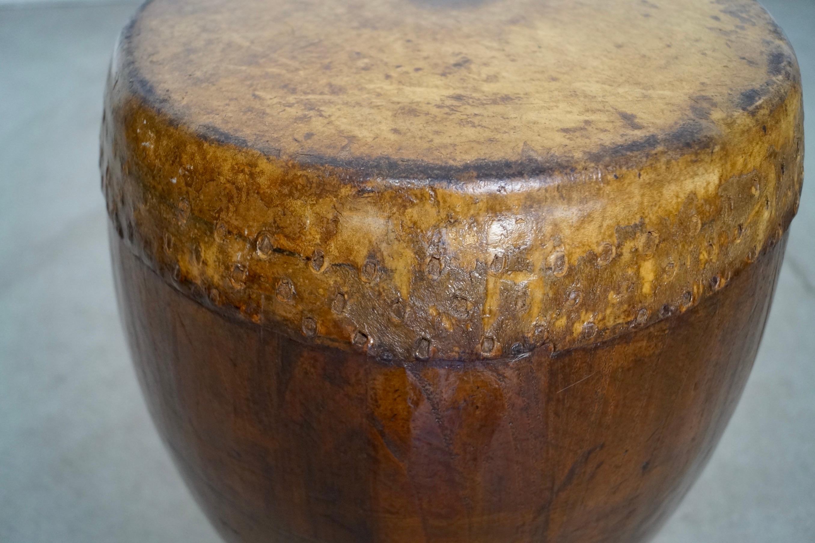 19th Century Asian Antique Leather Drum Stool Table For Sale 5