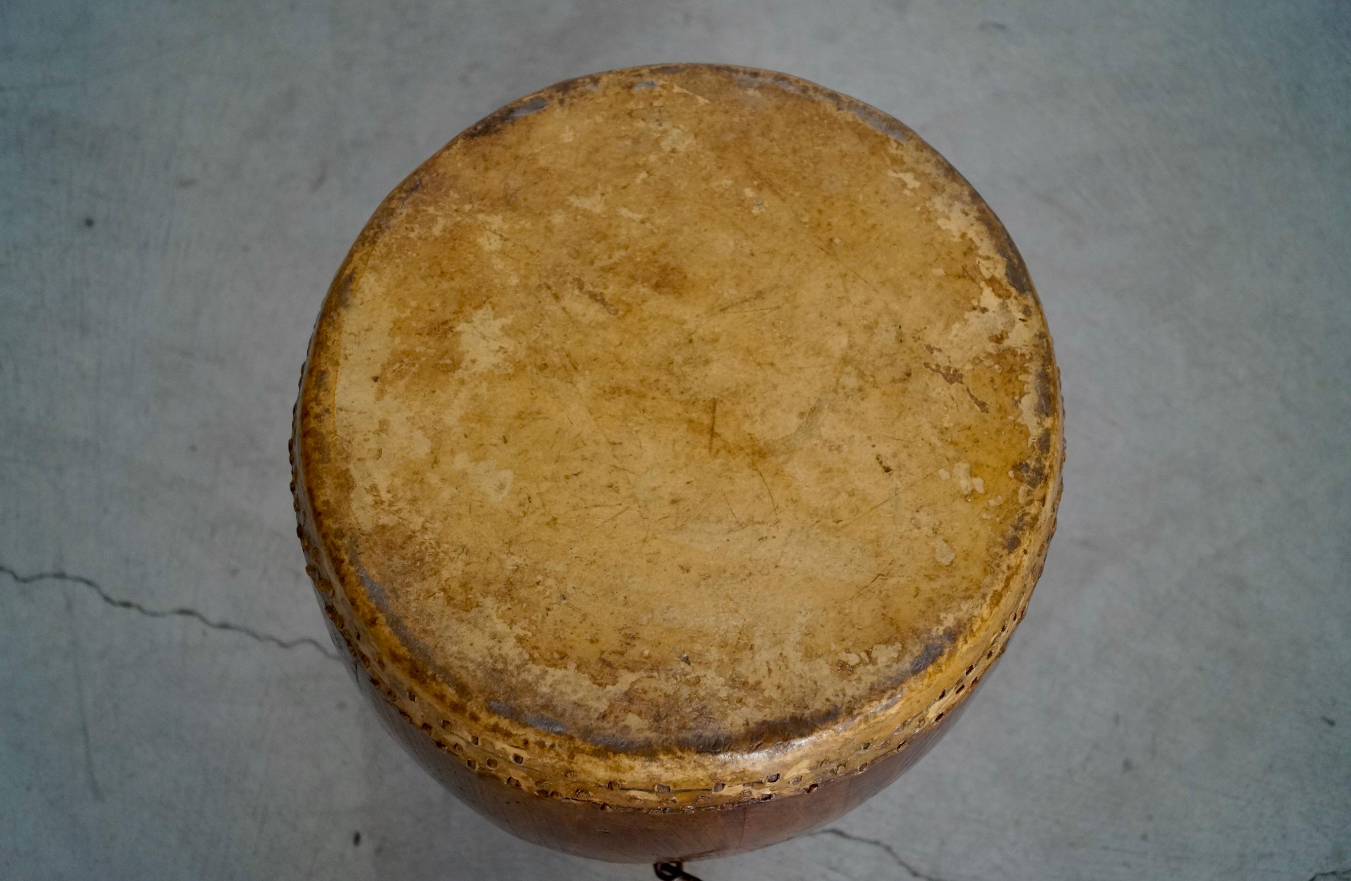 19th Century Asian Antique Leather Drum Stool Table For Sale 13