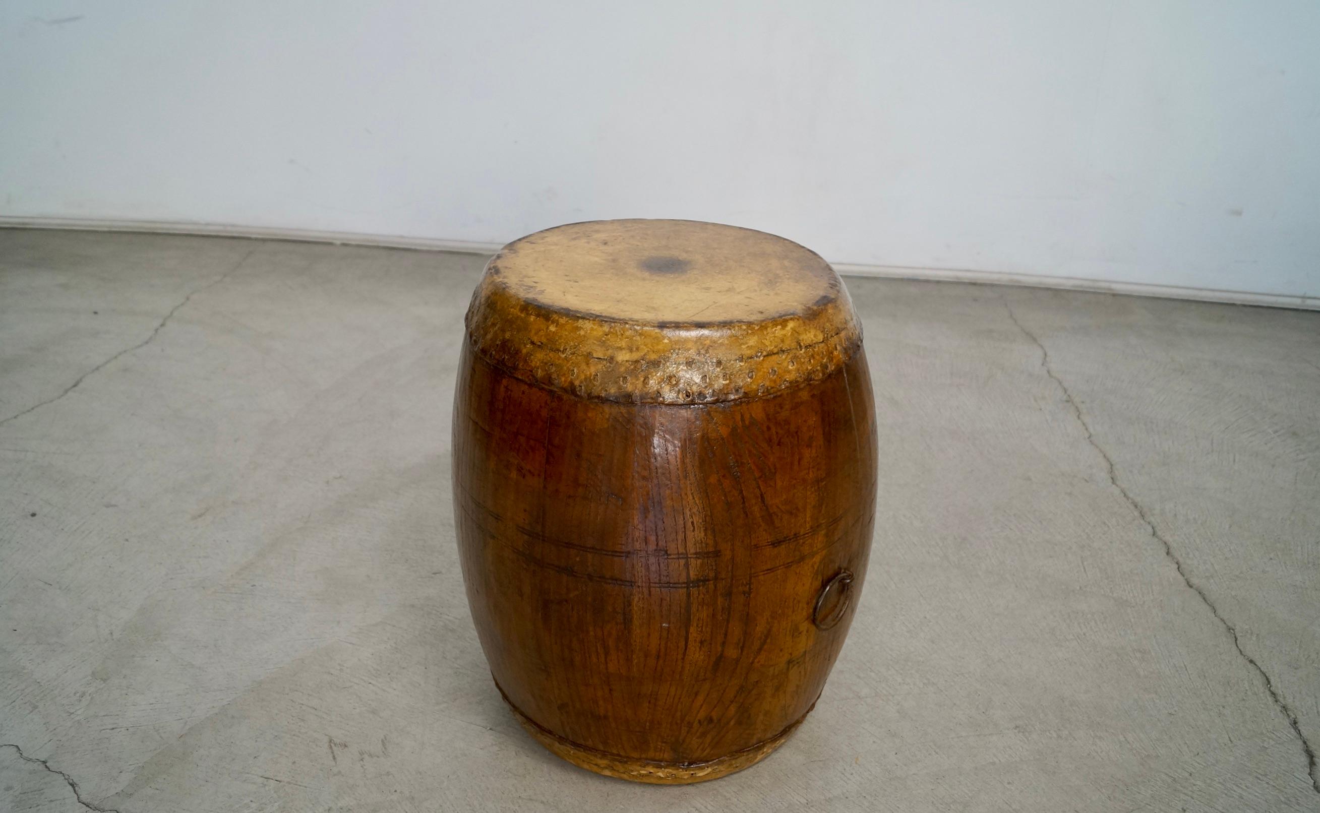Chinese 19th Century Asian Antique Leather Drum Stool Table For Sale