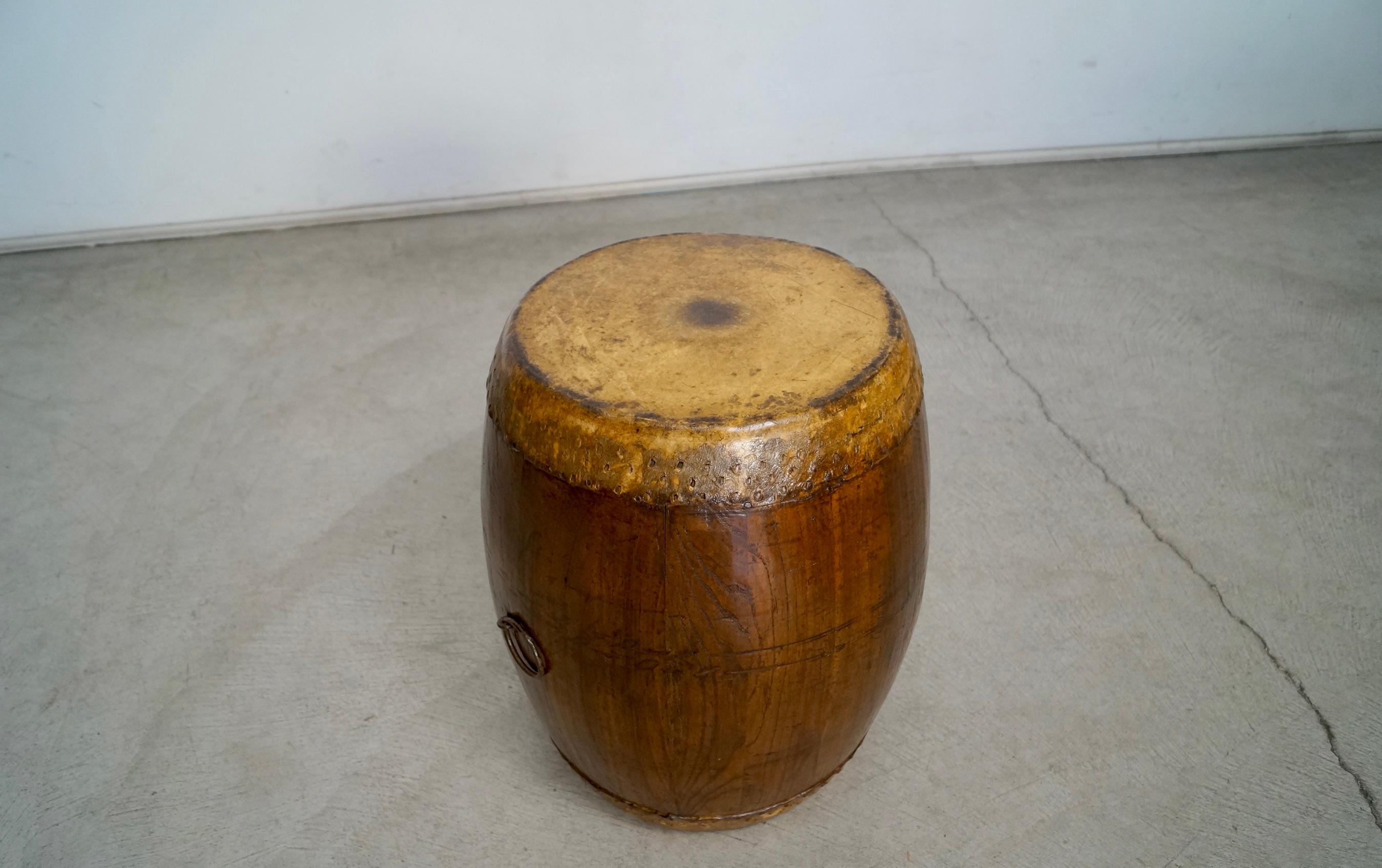 19th Century Asian Antique Leather Drum Stool Table For Sale 1