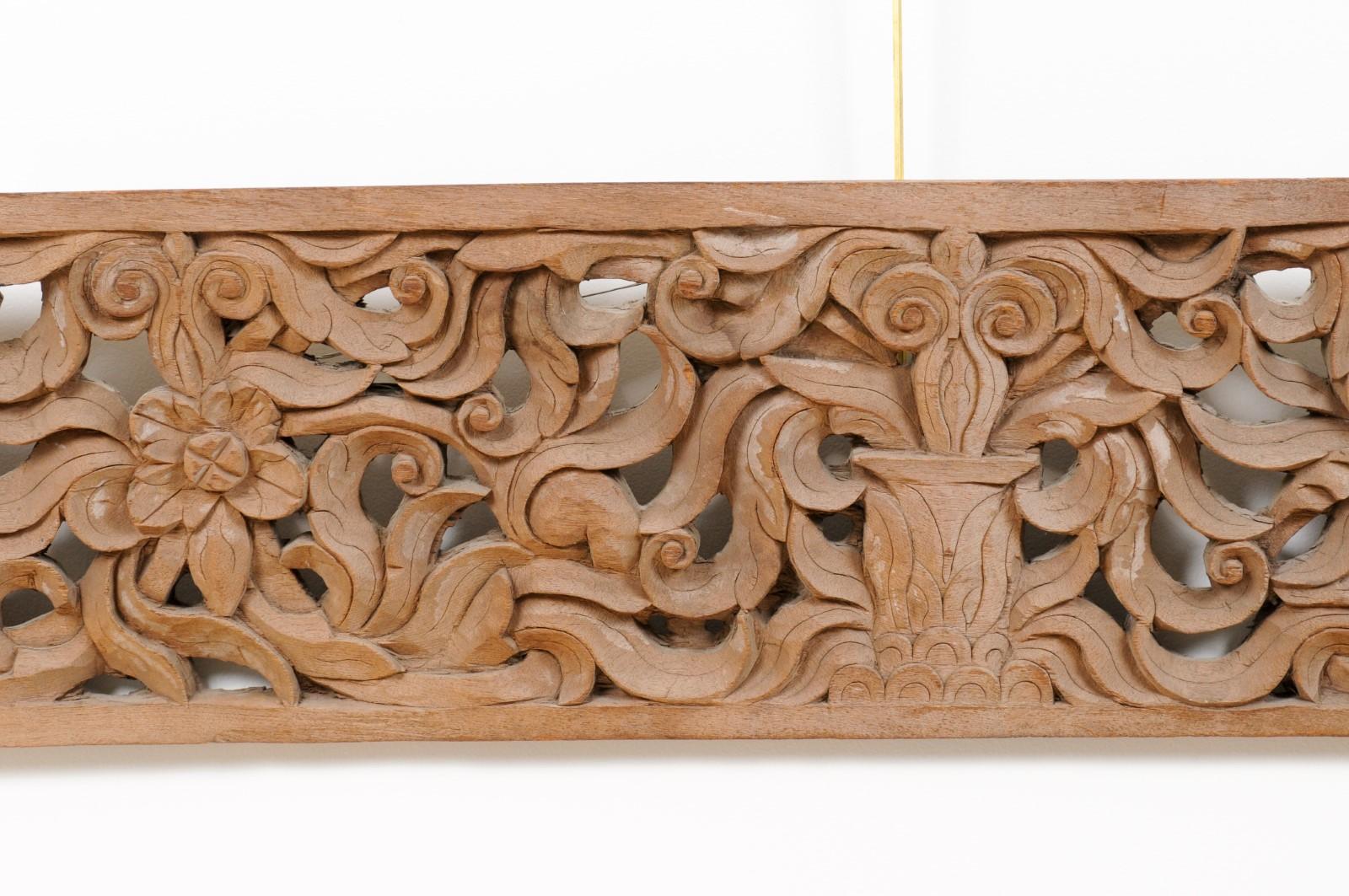 Wood 19th Century Asian Architectural Transom Panel with Pierced Carved Foliage For Sale