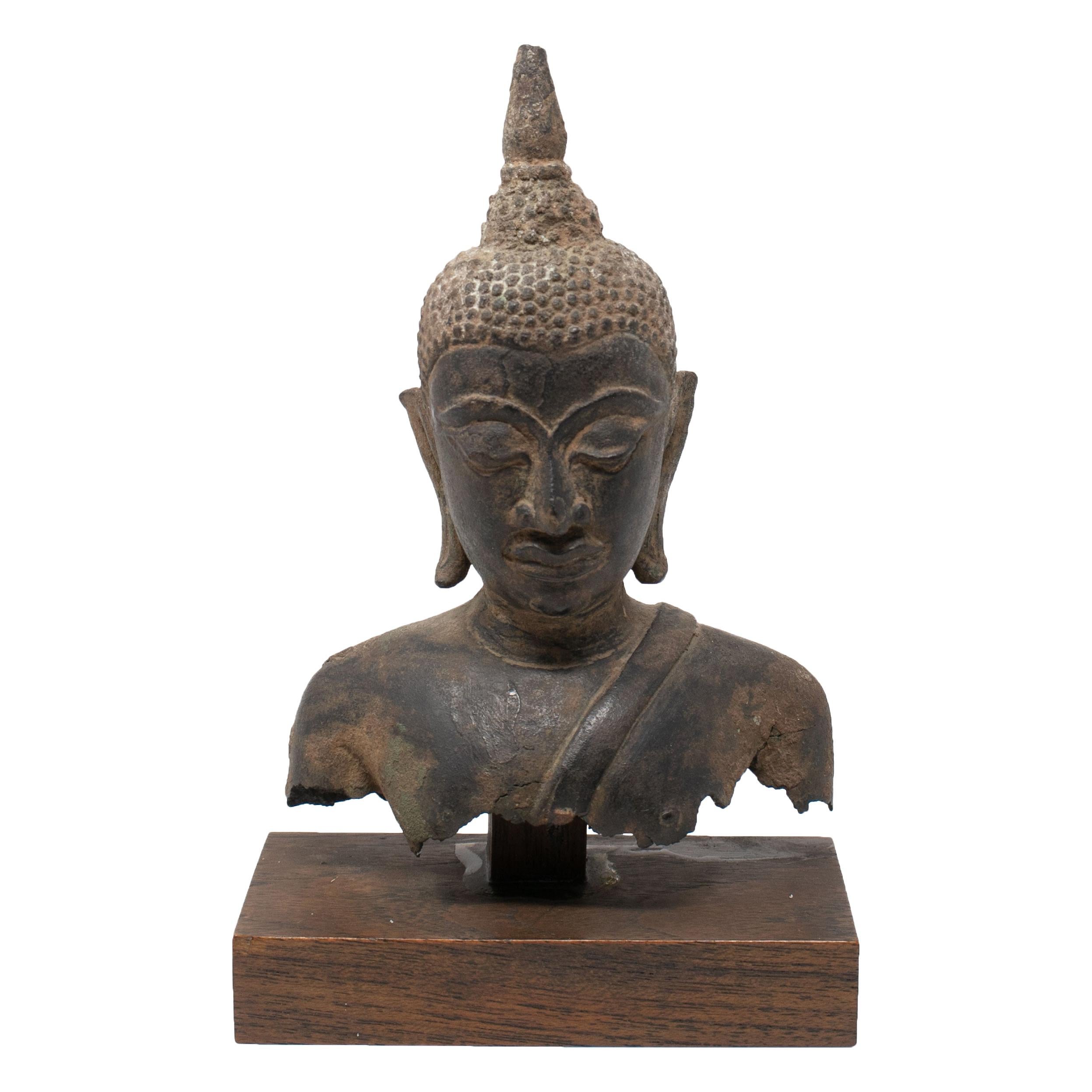 19th Century Asian Bronze Buddha Torso on a Wooden Pedestal