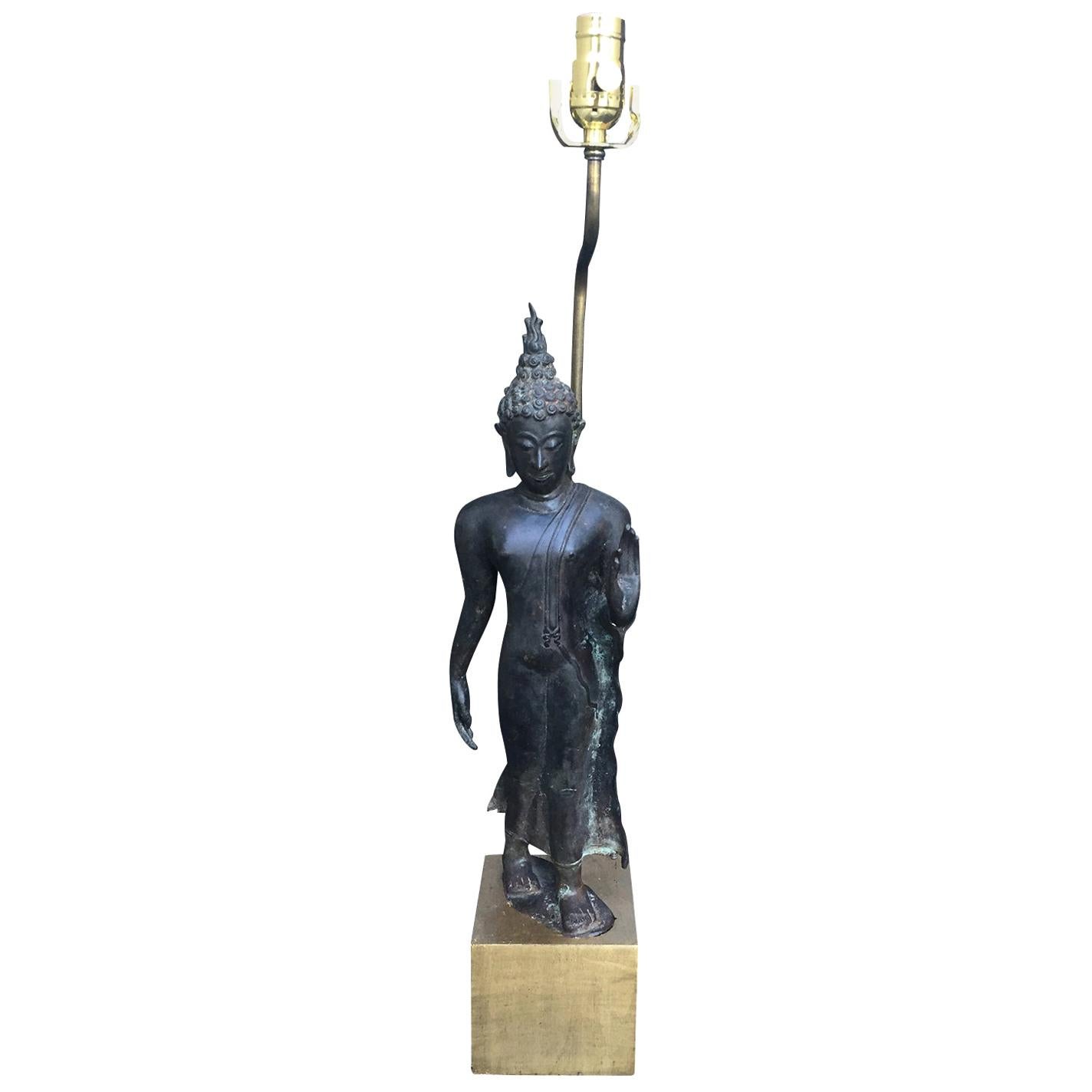 19th Century Asian Bronze Figure as Lamp on Custom Giltwood Base
