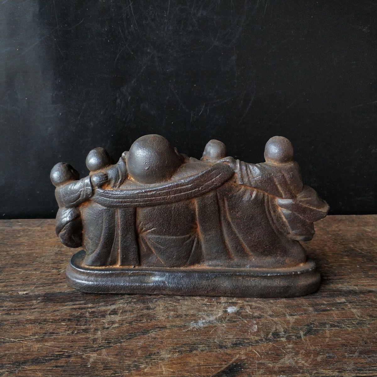 Iron 19th Century Asian Buddha Hugging by Five Kids Statue For Sale