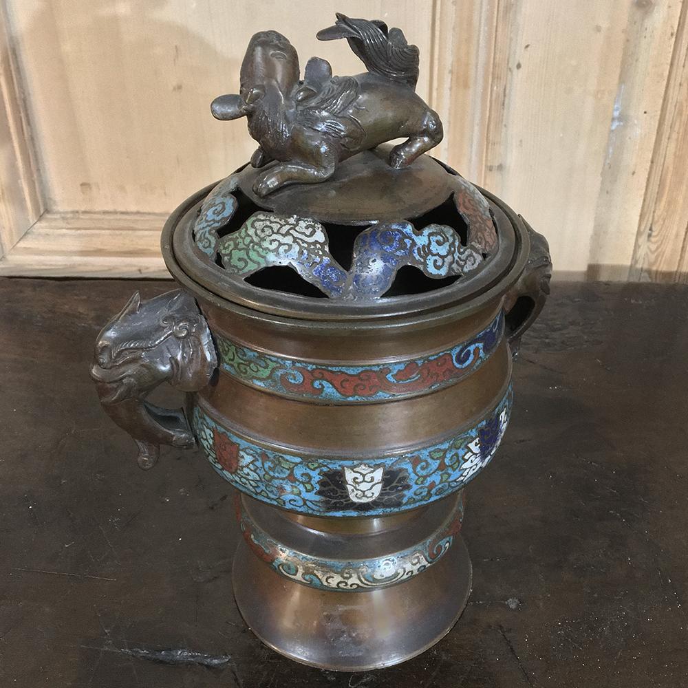 This 19th Century Asian Cloisonne Incense Burner is a wonderful decorative accent from a bygone era ~ that still works!  The process to create such works of art is extremely meticulous involving soldering brass wire to the basic form, in this case