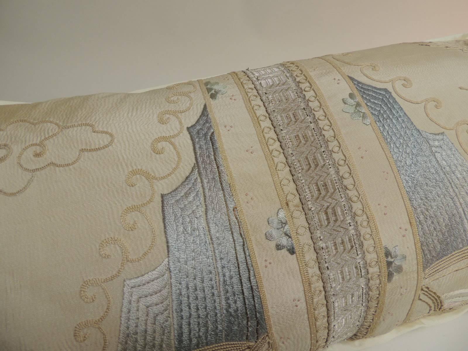 Japonisme 19th Century Asian Embroidered Deco Dragon Silk Bolster Decorative Pillow