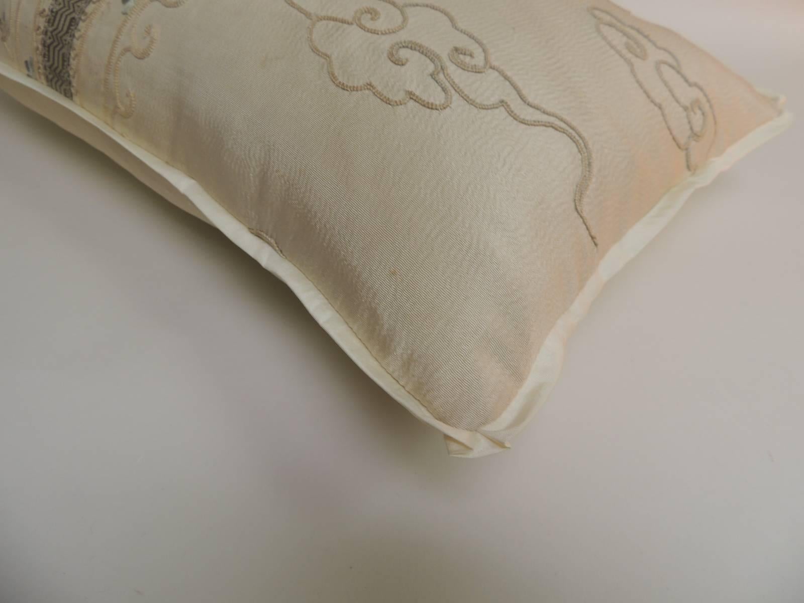 Japanese 19th Century Asian Embroidered Deco Dragon Silk Bolster Decorative Pillow