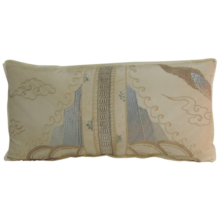 19th Century Asian Embroidered Deco Dragon Silk Bolster Decorative