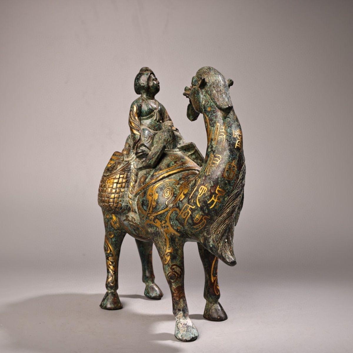 19th Century Asian Gold Bronze Lady Riding Camel Statue For Sale 1