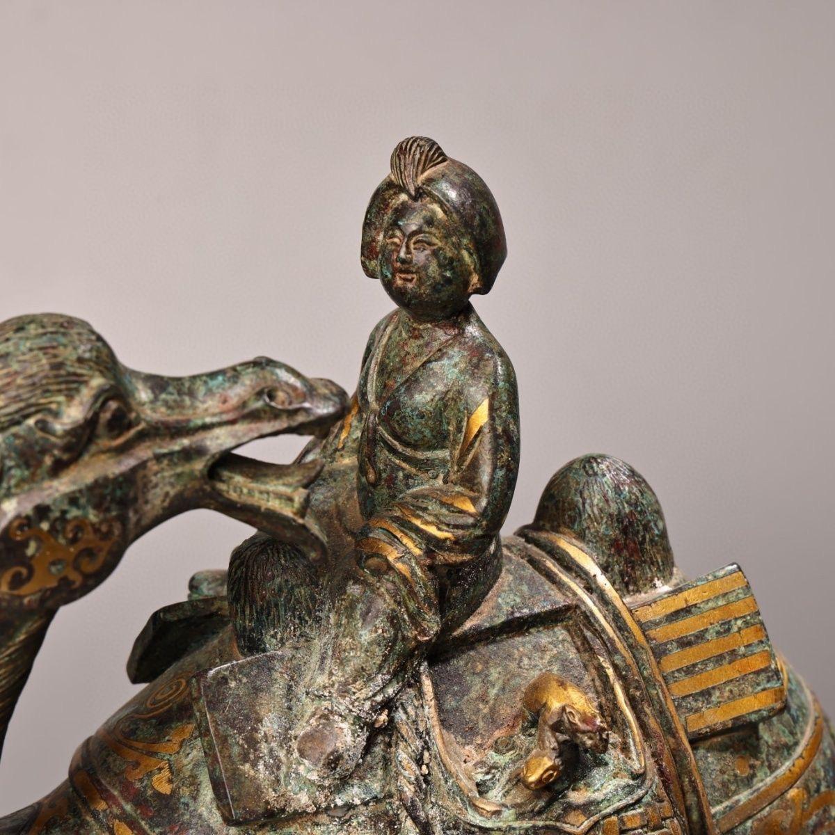 19th Century Asian Gold Bronze Lady Riding Camel Statue For Sale 4