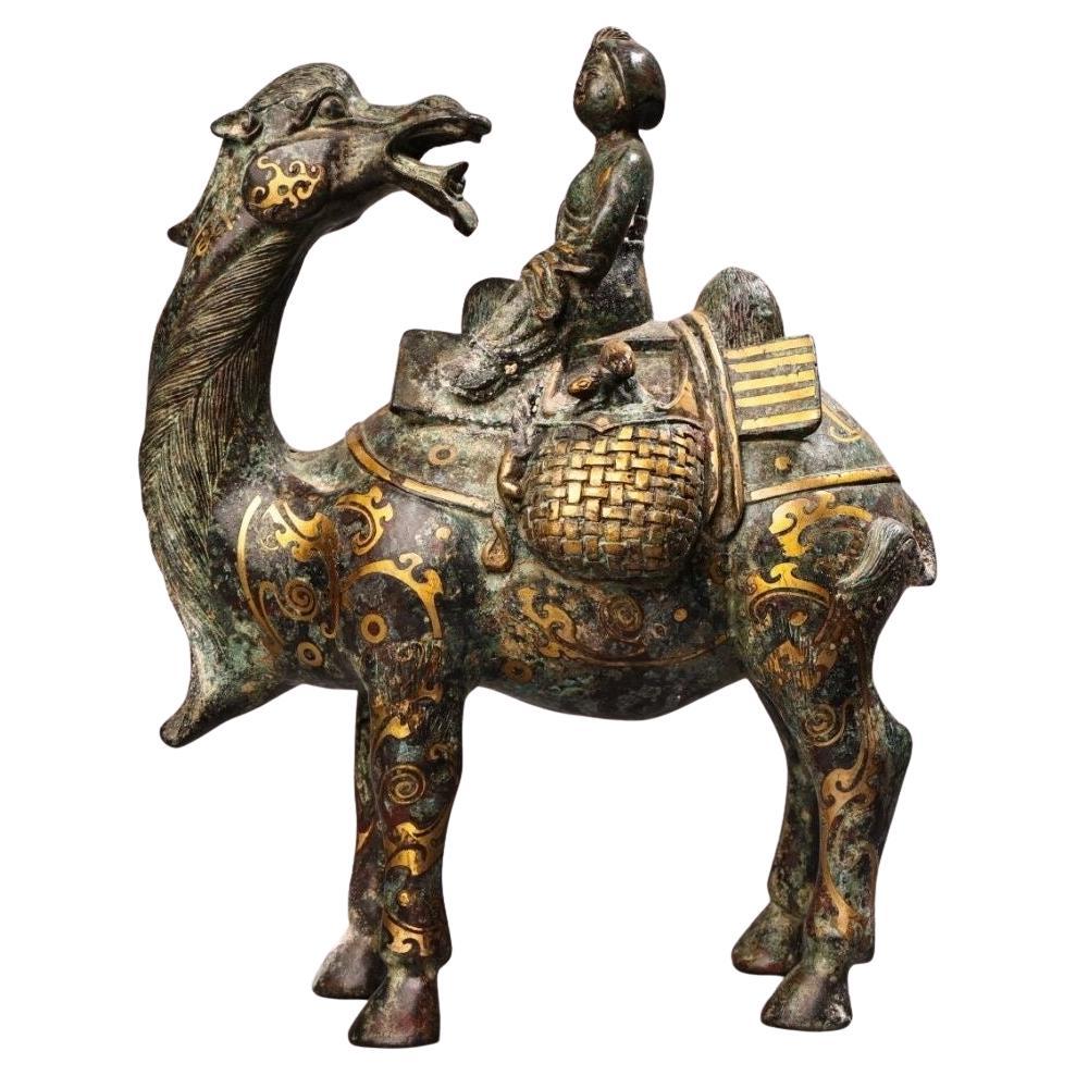 19th Century Asian Gold Bronze Lady Riding Camel Statue