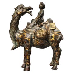 19th Century Asian Gold Bronze Lady Riding Camel Statue