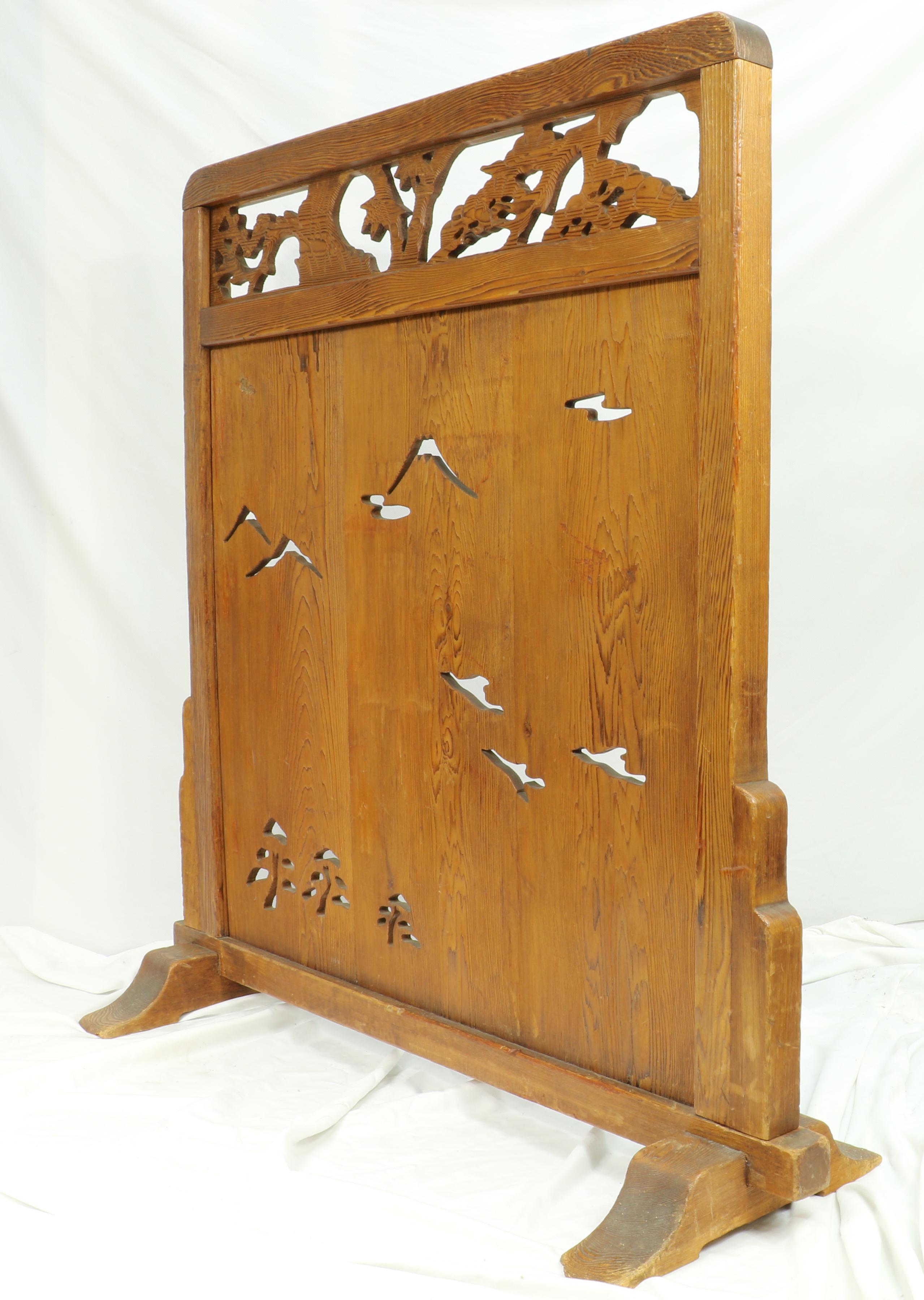 19th Century Asian Hand Carved Screen with Mountains, Trees and Sea Gulls For Sale 1