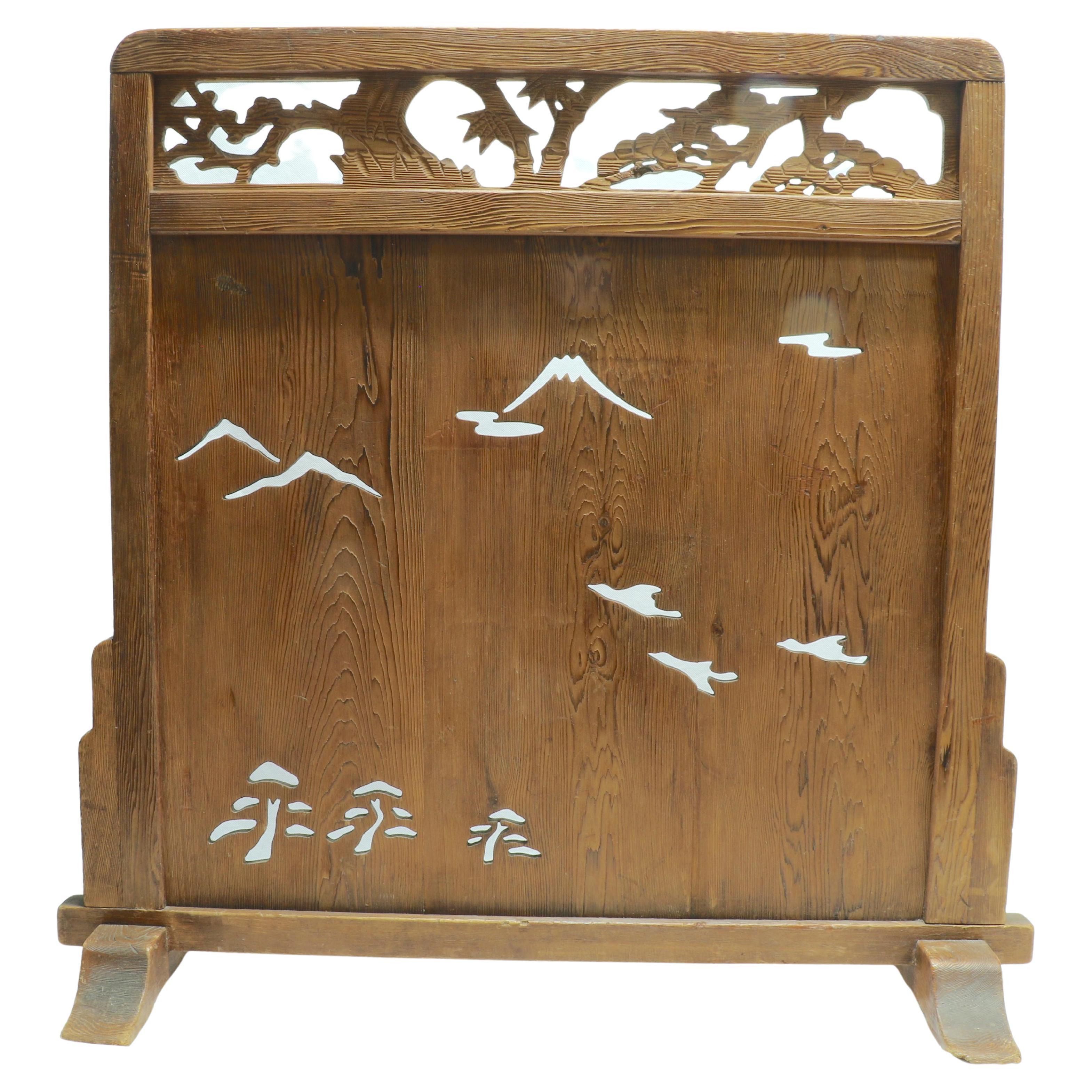 19th Century Asian Hand Carved Screen with Mountains, Trees and Sea Gulls