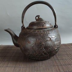 19th Century Asian Iron Teapot with Longevity Crane Pine Tree Patterns