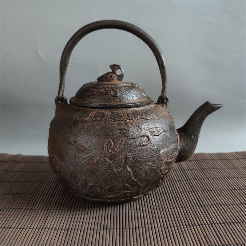 19th Century Asian Iron Teapot with Longevity Crane Pine Tree Patterns 2
