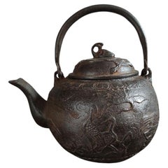 19th Century Asian Iron Teapot with Longevity Crane Pine Tree Patterns