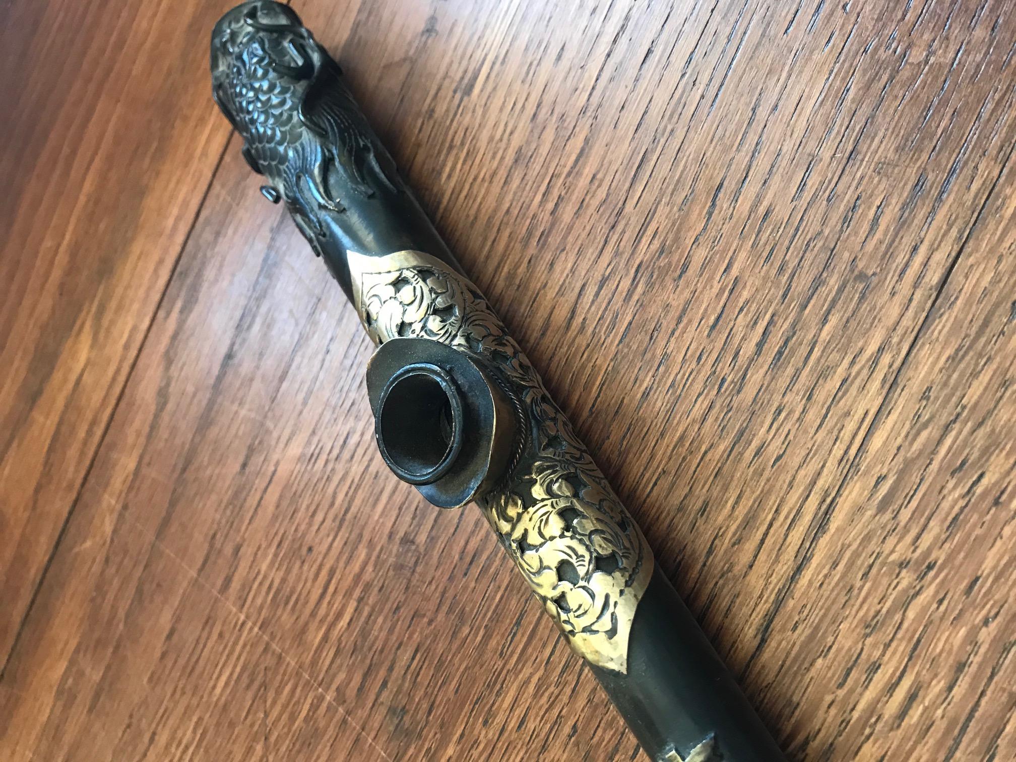 19th Century Asian Napoleon III Period Iron Wood and Brass Opium Pipe For Sale 4