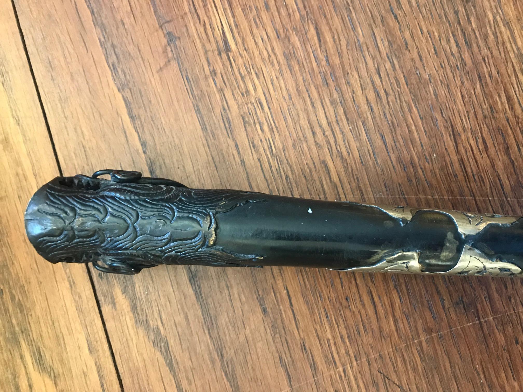 19th Century Asian Napoleon III Period Iron Wood and Brass Opium Pipe For Sale 7