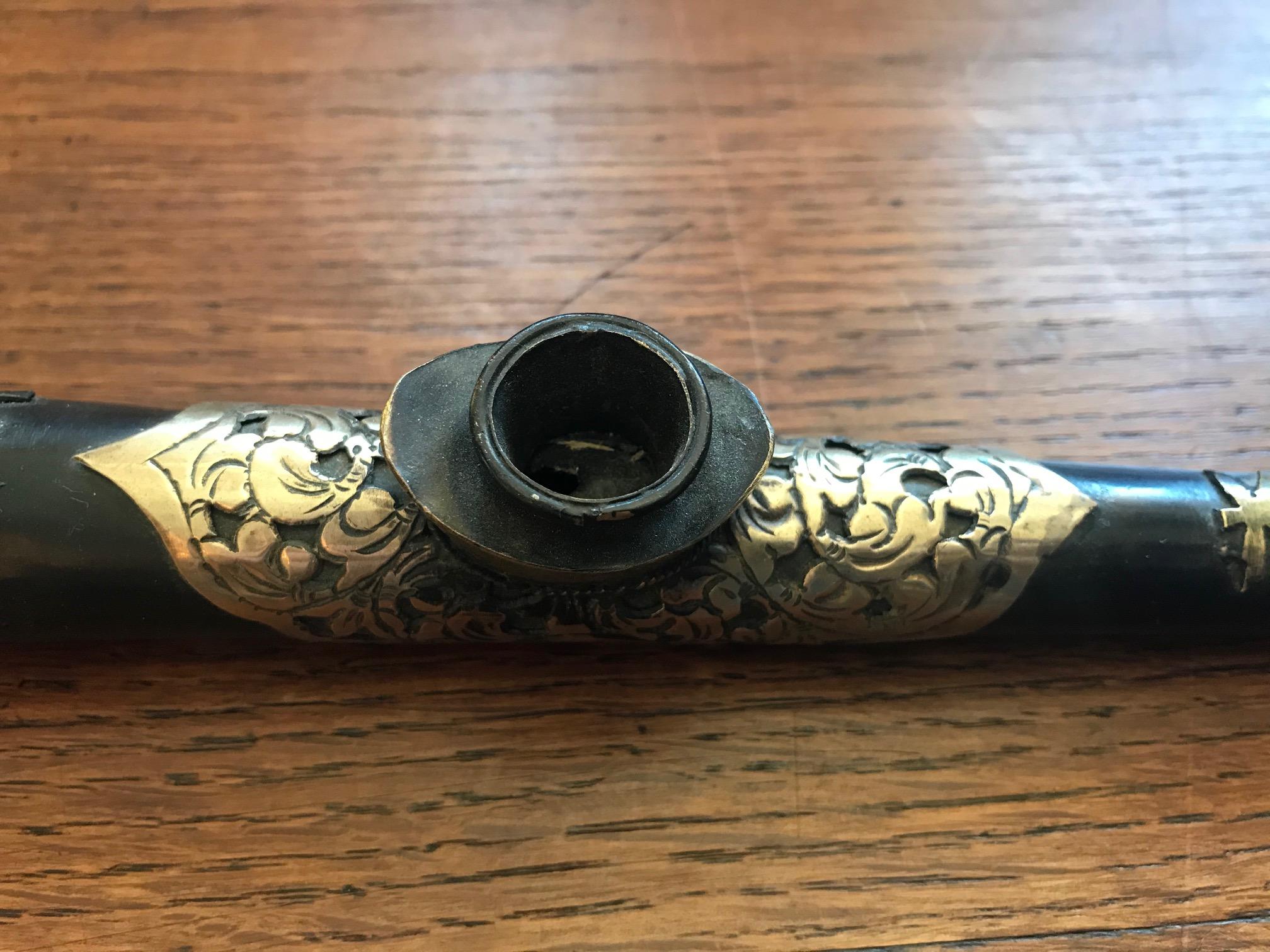 Chinese 19th Century Asian Napoleon III Period Iron Wood and Brass Opium Pipe For Sale