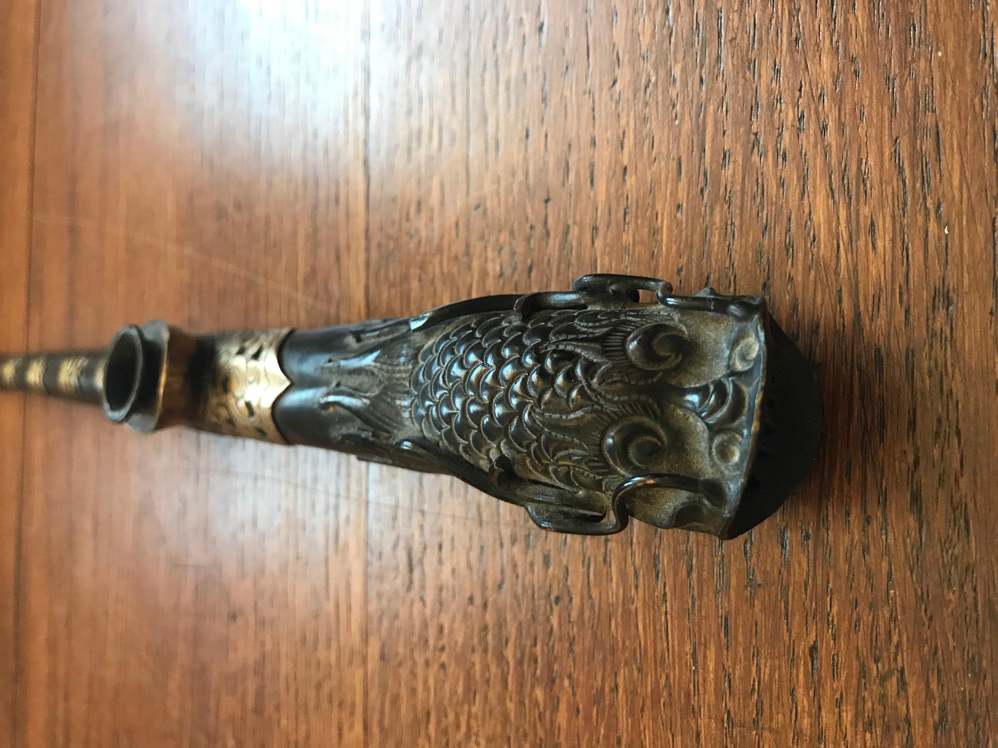 Late 19th Century 19th Century Asian Napoleon III Period Iron Wood and Brass Opium Pipe For Sale