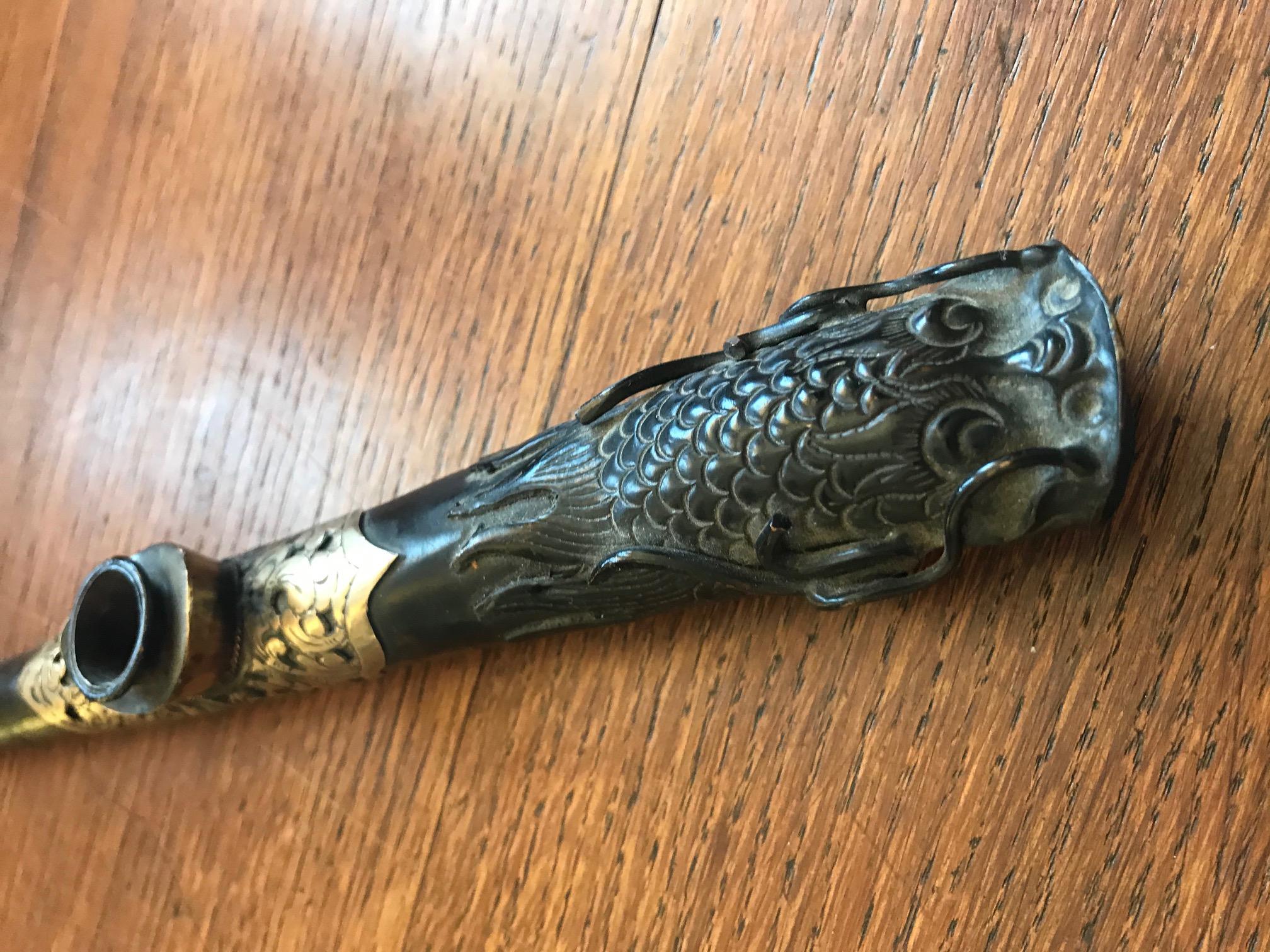 19th Century Asian Napoleon III Period Iron Wood and Brass Opium Pipe For Sale 2