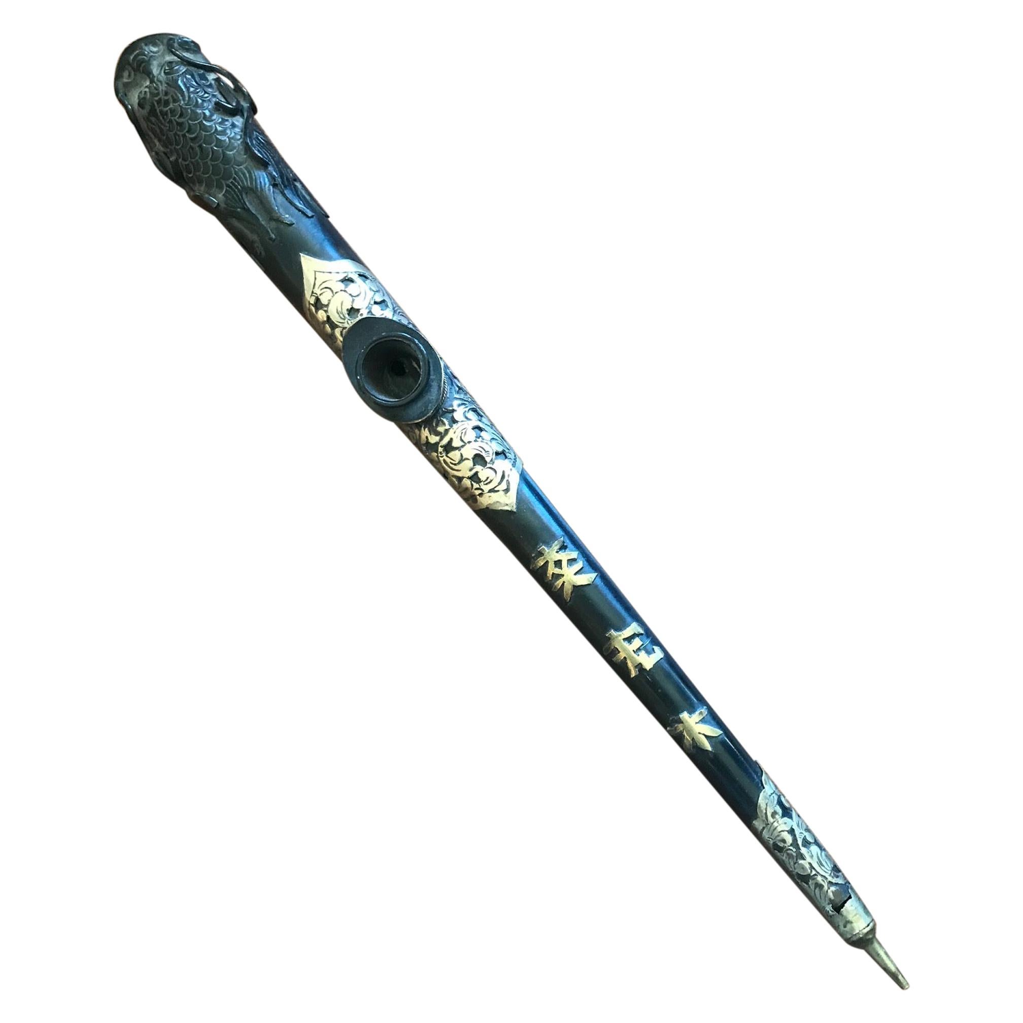 19th Century Asian Napoleon III Period Iron Wood and Brass Opium Pipe