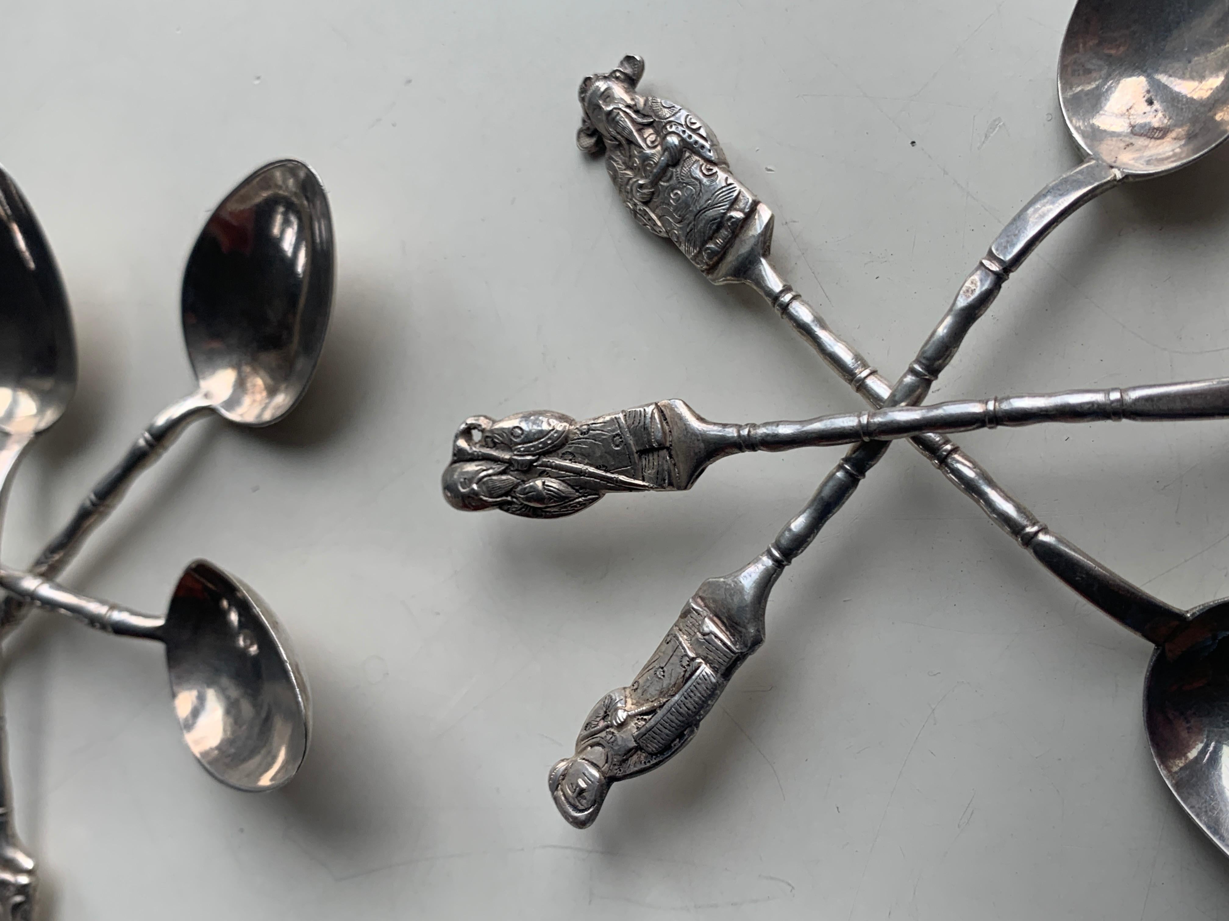 19th Century Asian Silver Set of Six Silver Teaspoons with Figures For Sale 6