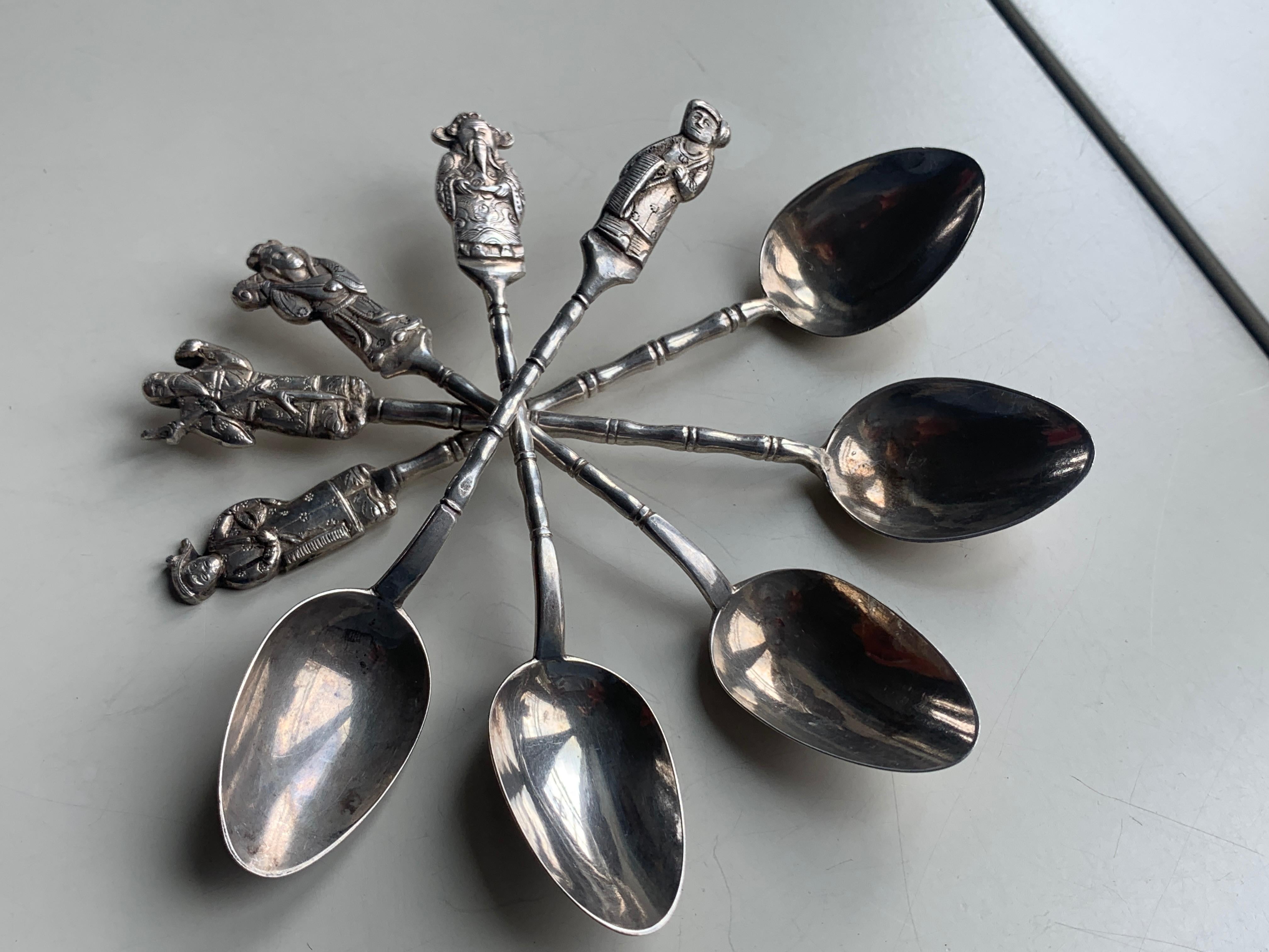 19th Century Asian Silver Set of Six Silver Teaspoons with Figures In Good Condition For Sale In Sofia, BG