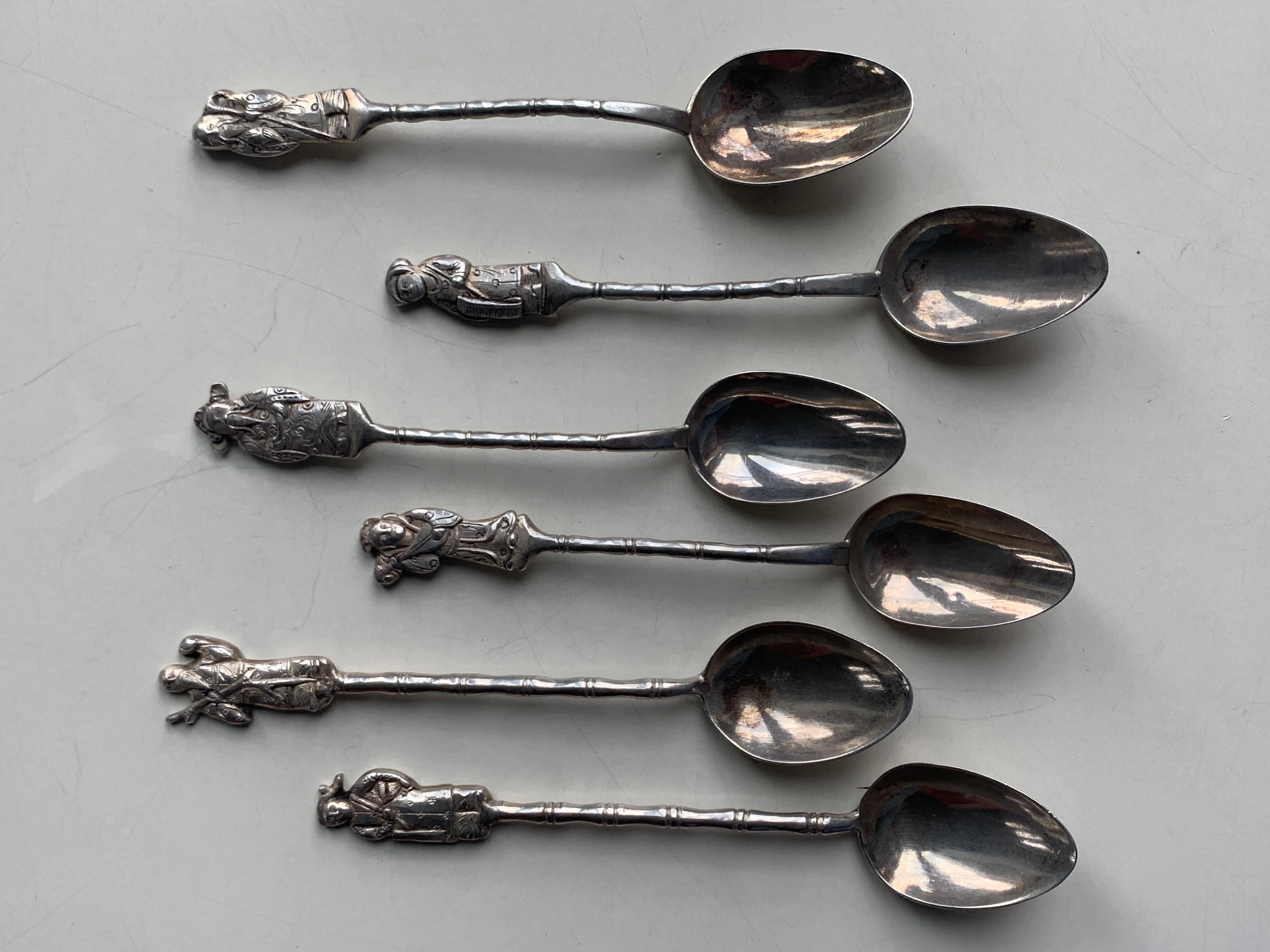 Sterling Silver 19th Century Asian Silver Set of Six Silver Teaspoons with Figures For Sale