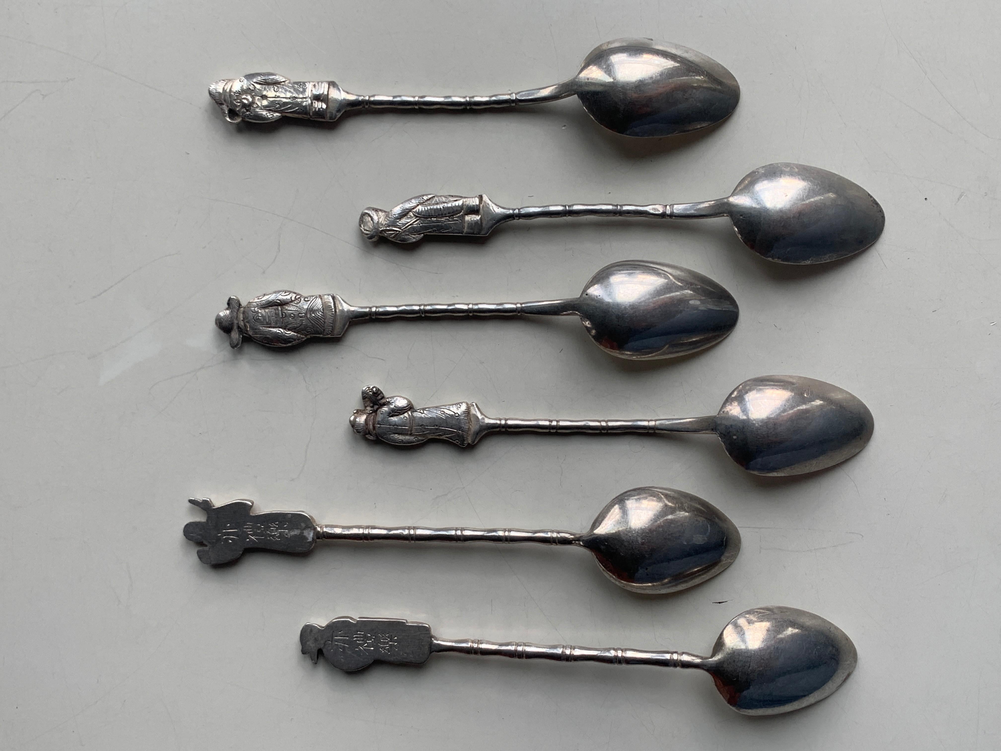 19th Century Asian Silver Set of Six Silver Teaspoons with Figures For Sale 1