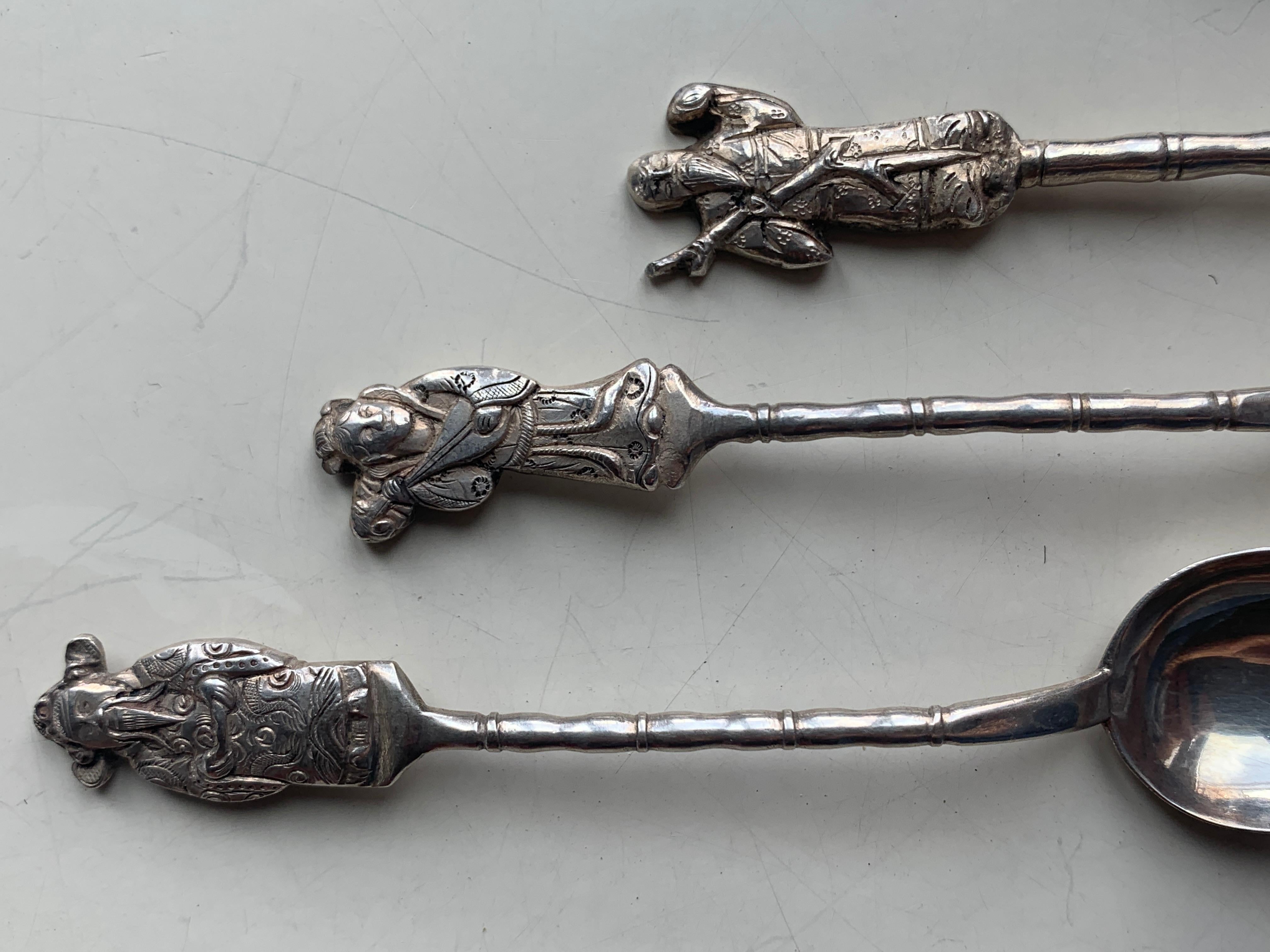 19th Century Asian Silver Set of Six Silver Teaspoons with Figures For Sale 2