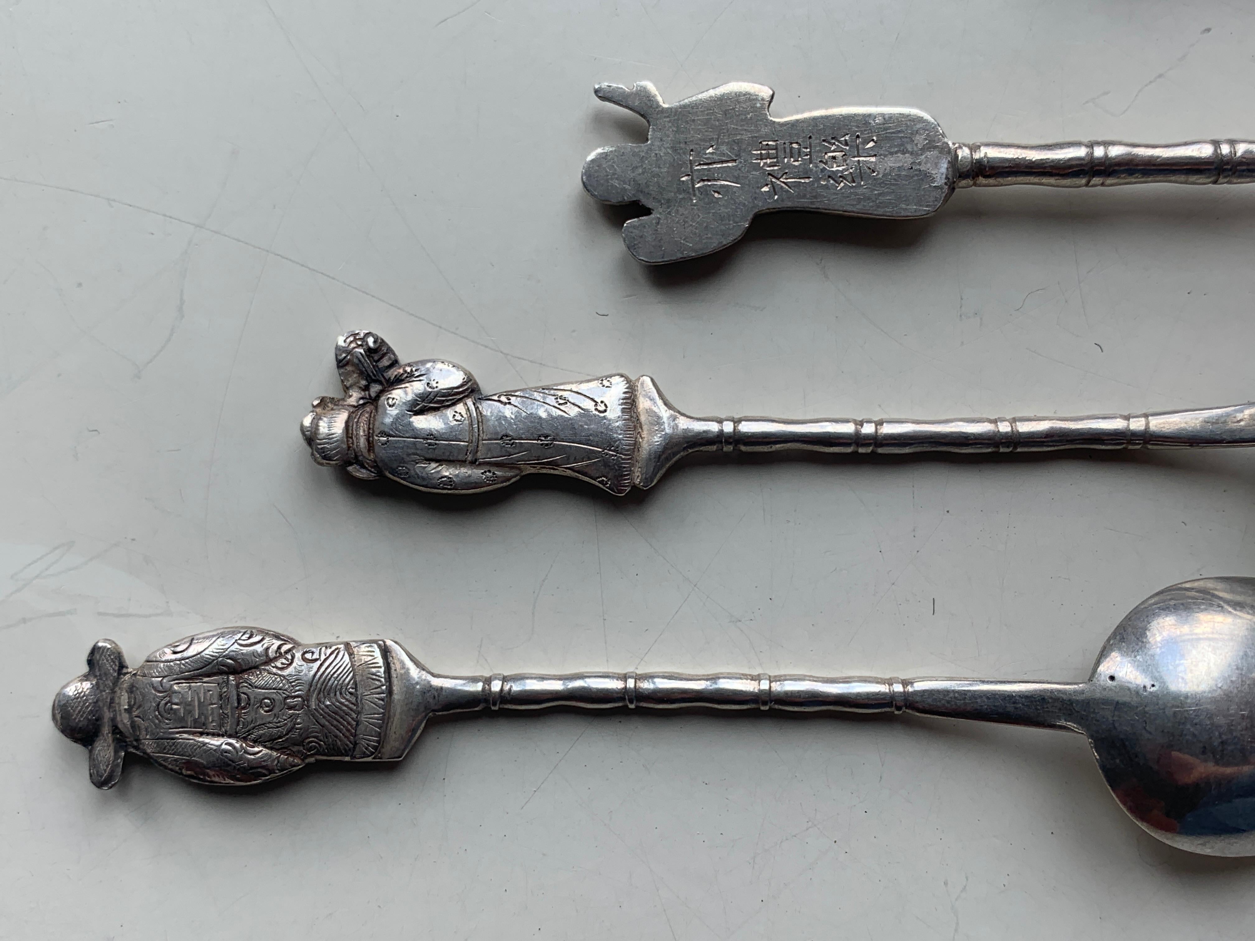 19th Century Asian Silver Set of Six Silver Teaspoons with Figures For Sale 4