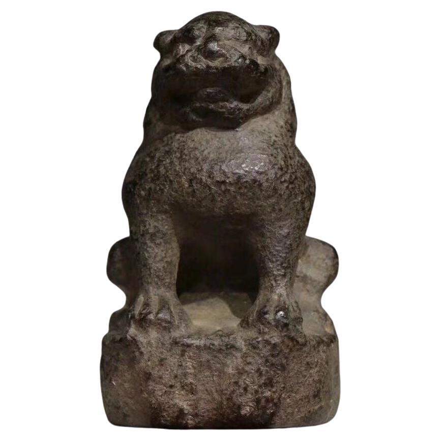 19th Century Asian Stone Hand Carving Sitting Lion Statue