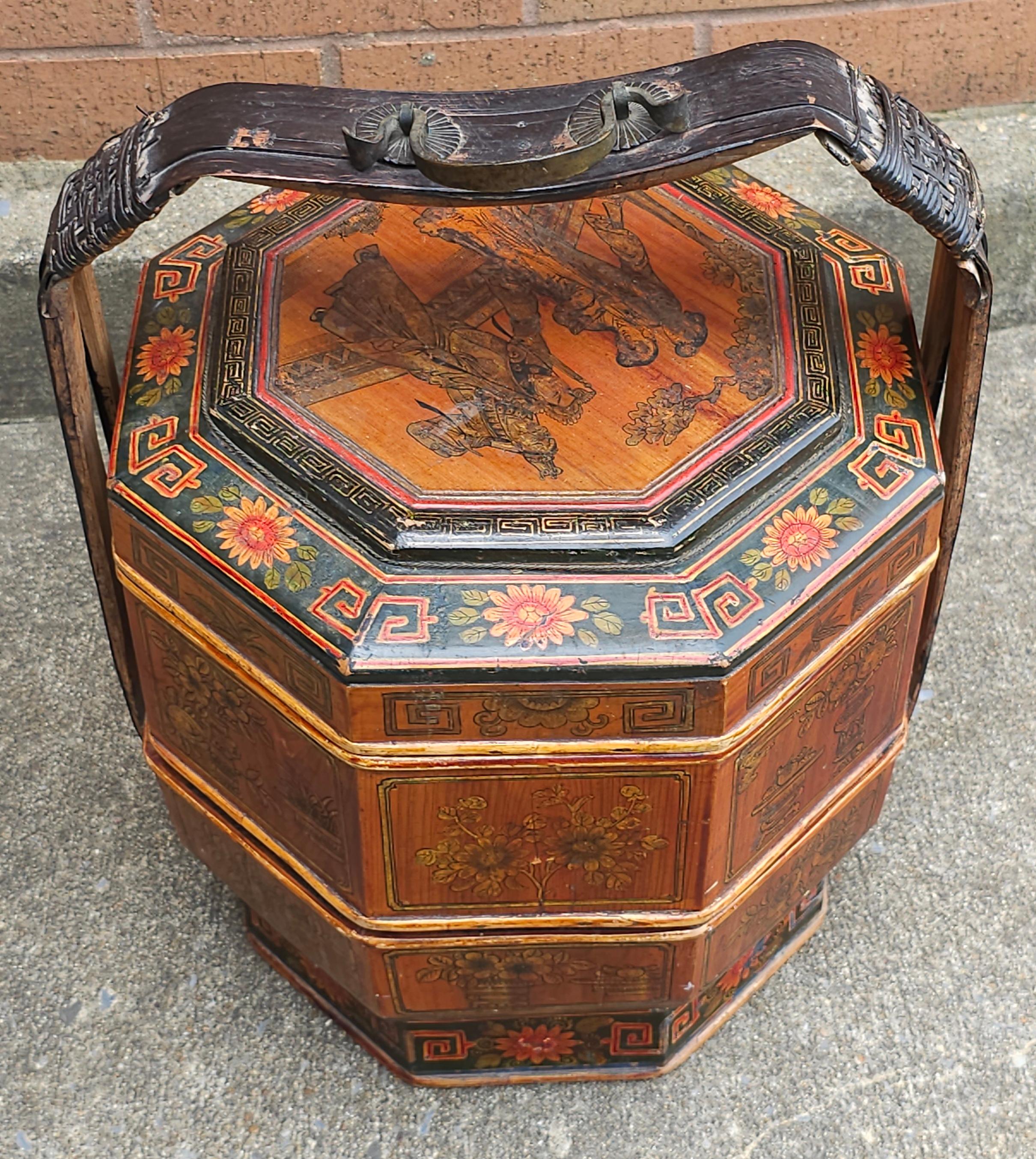 Chinese 19th Century Asian Two-Tier Lacquered And Decorated Handled Basket For Sale