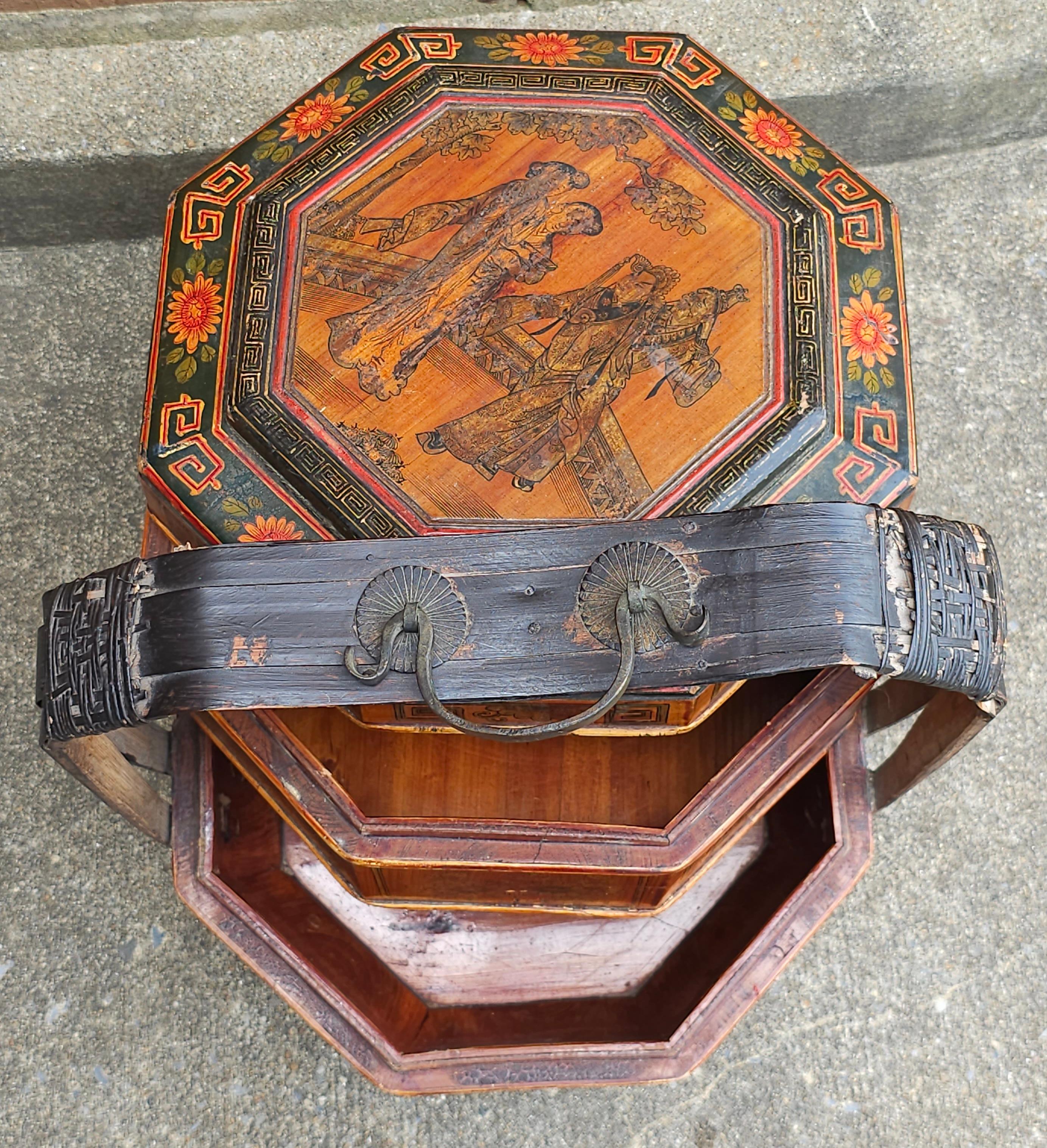 Hand-Painted 19th Century Asian Two-Tier Lacquered And Decorated Handled Basket For Sale