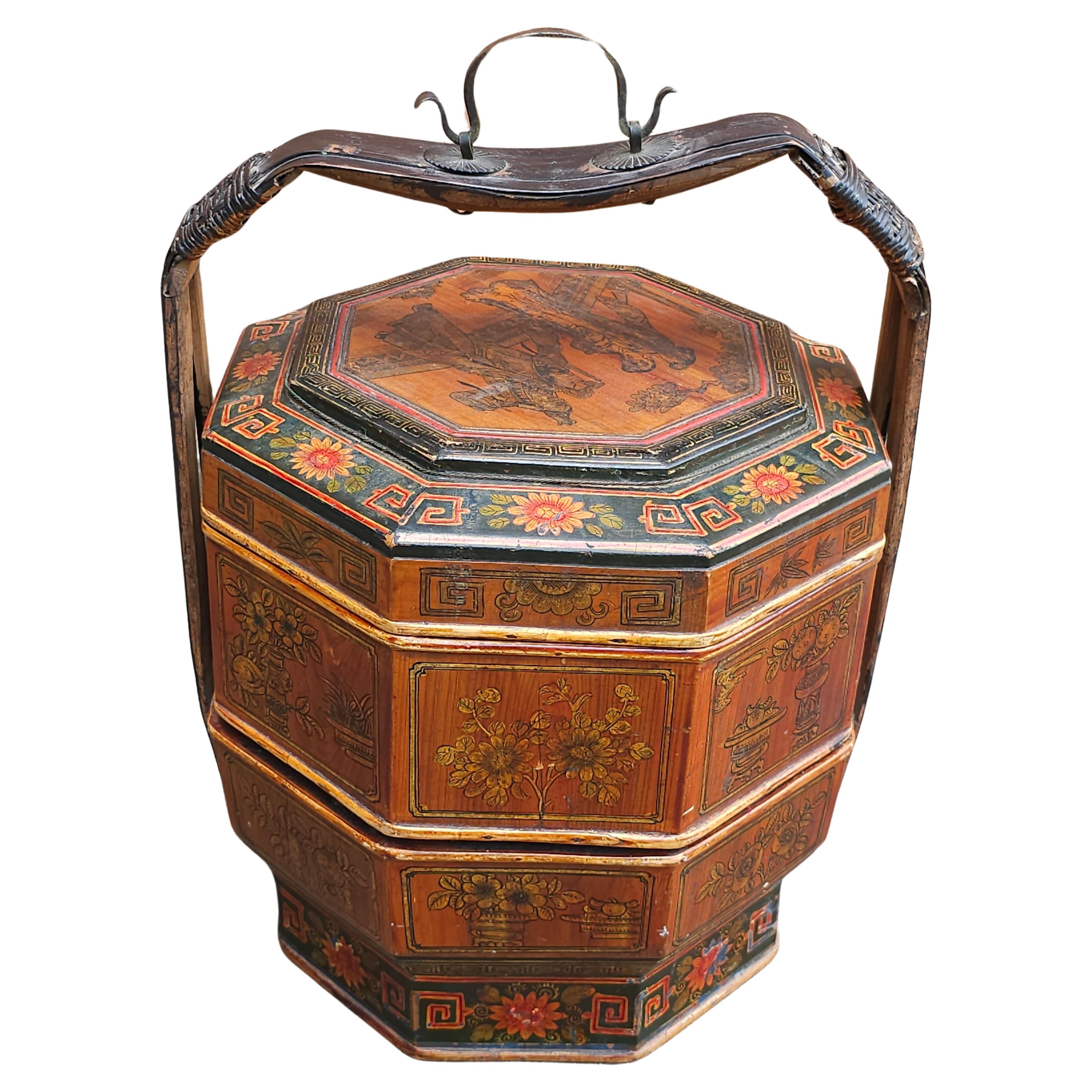 19th Century Asian Two-Tier Lacquered And Decorated Handled Basket For Sale