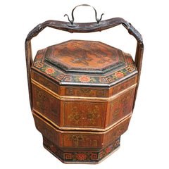 19th Century Asian Two-Tier Lacquered And Decorated Handled Basket