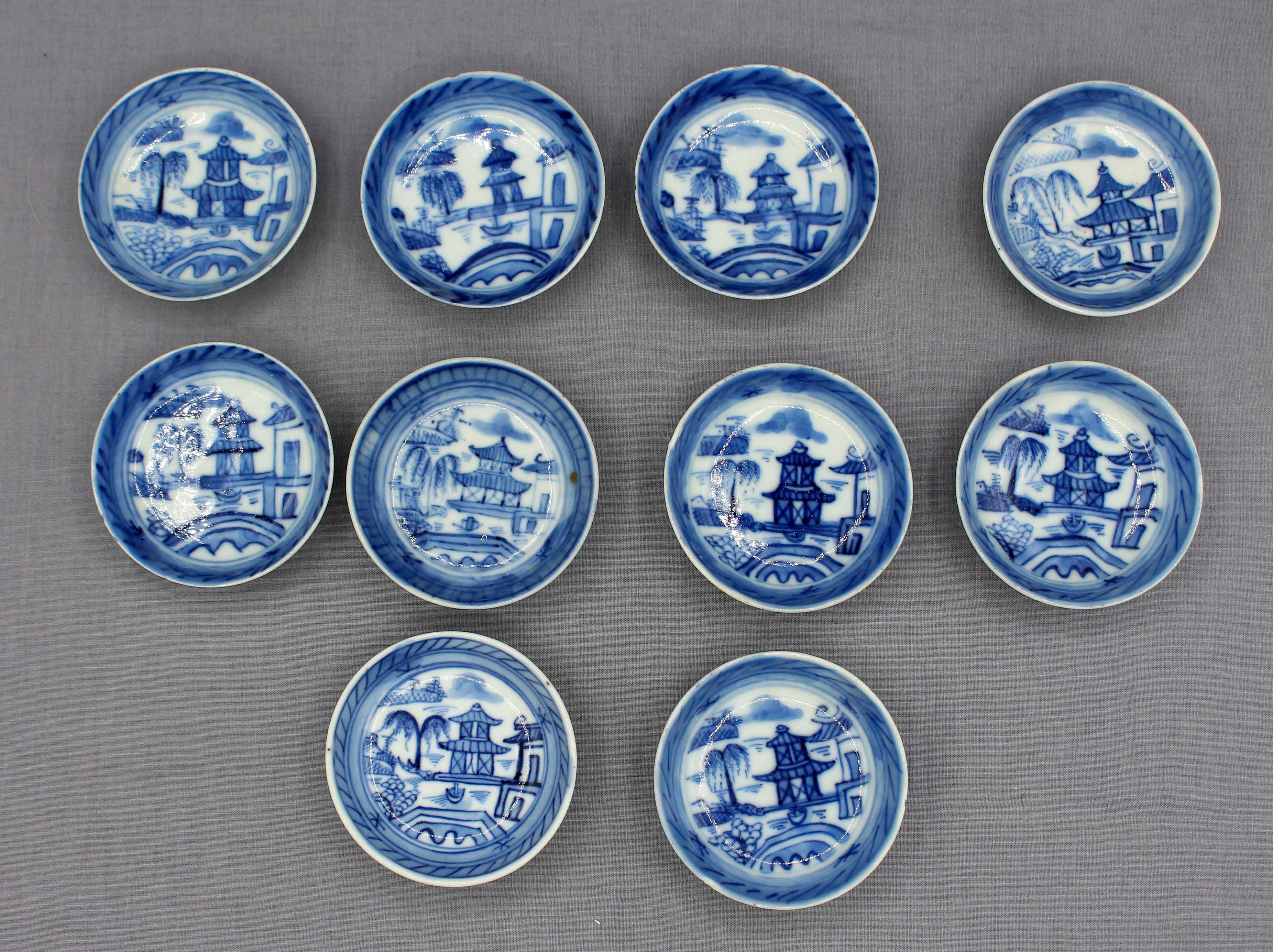 19th century assembled set of 10 porcelain salt dishes, Chinese export. Blue Canton, blue & white. Chips on a few.
2 3/4
