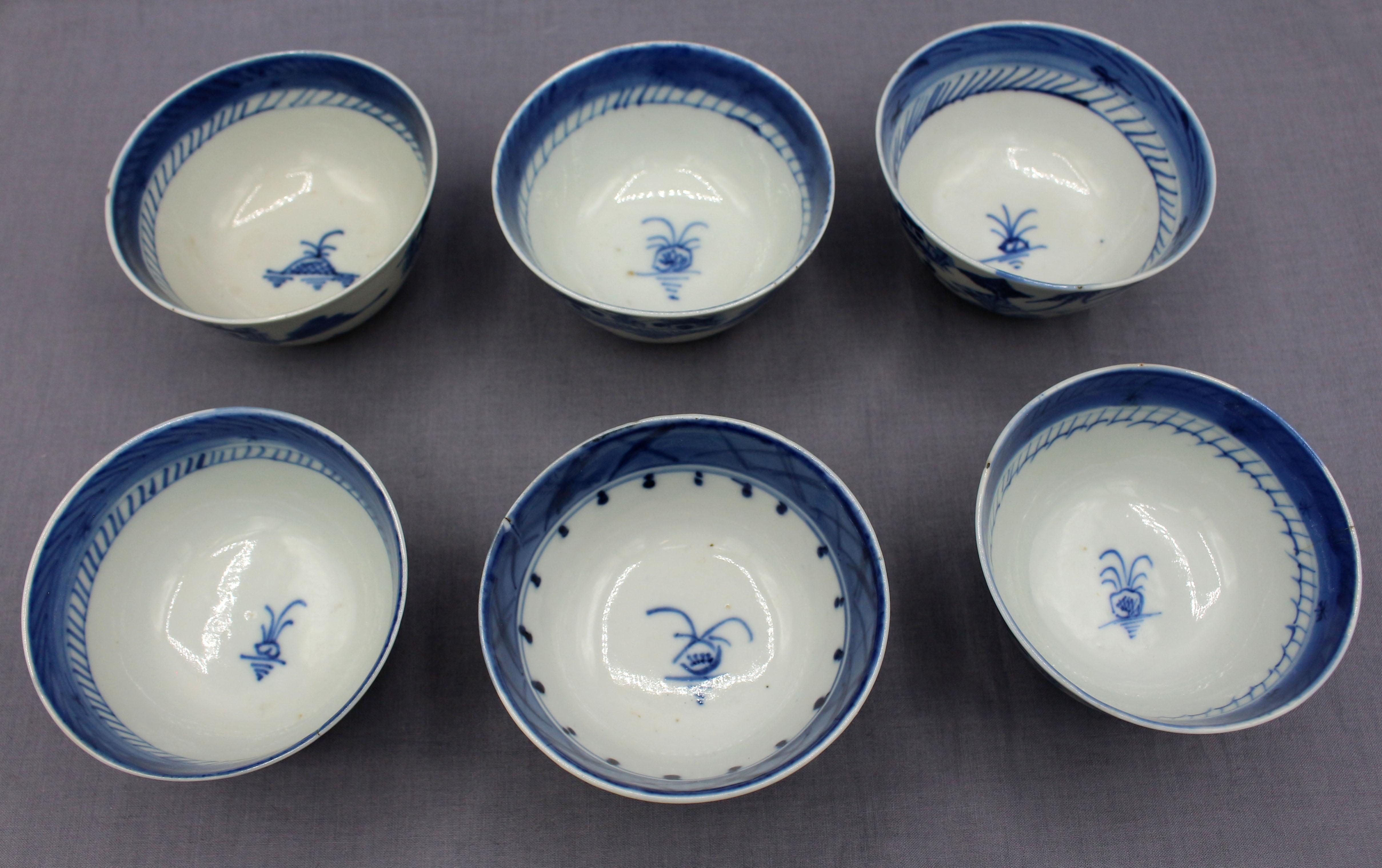19th century assembled set of 6 Blue Canton small rice or soup bowls, Chinese export. Porcelain. 3 hairlines; minute chips & firing flaws.
3 3/4