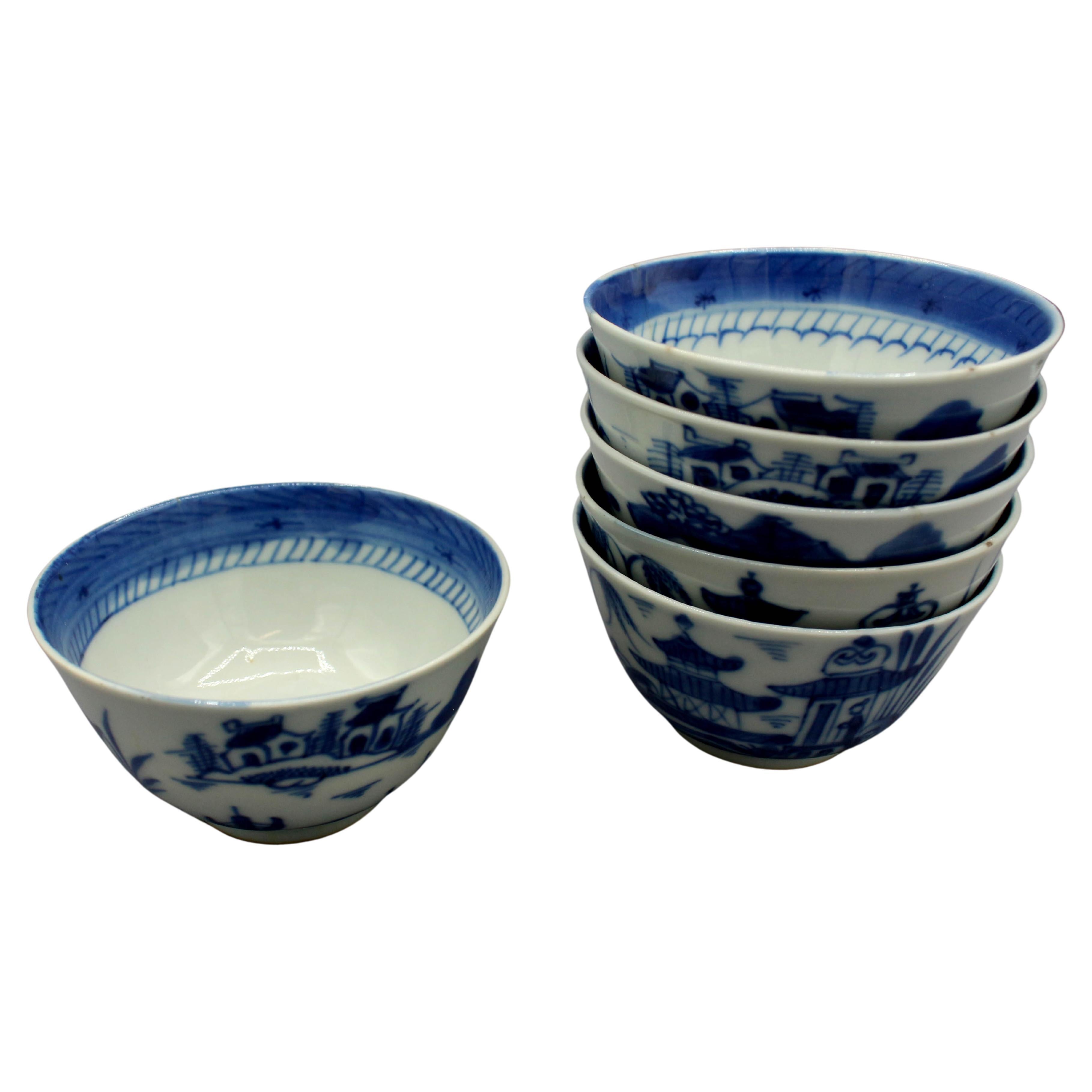 19th Century Assembled set of 6 Blue Canton Small Rice or Soup Bowls, Chinese For Sale