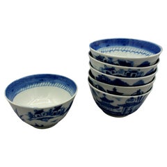 Used 19th Century Assembled set of 6 Blue Canton Small Rice or Soup Bowls, Chinese