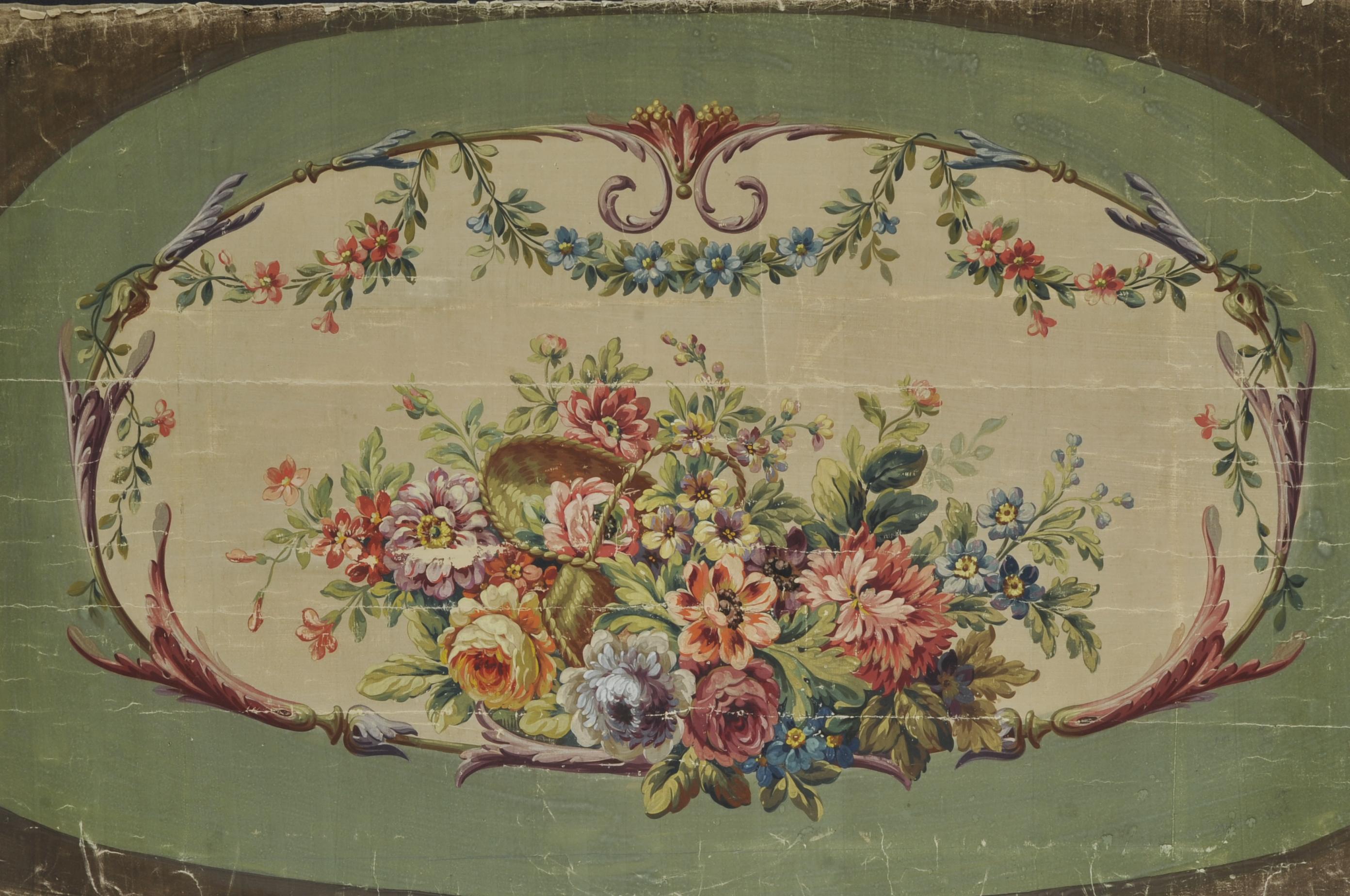 Painting on carton canvas from the 19th century in the Louis XVI style decorated with a flower basket in an oblong medallion made up of foliage and floral garlands.
Project used as a basis for the realization of tapestry (most likely sofa seat