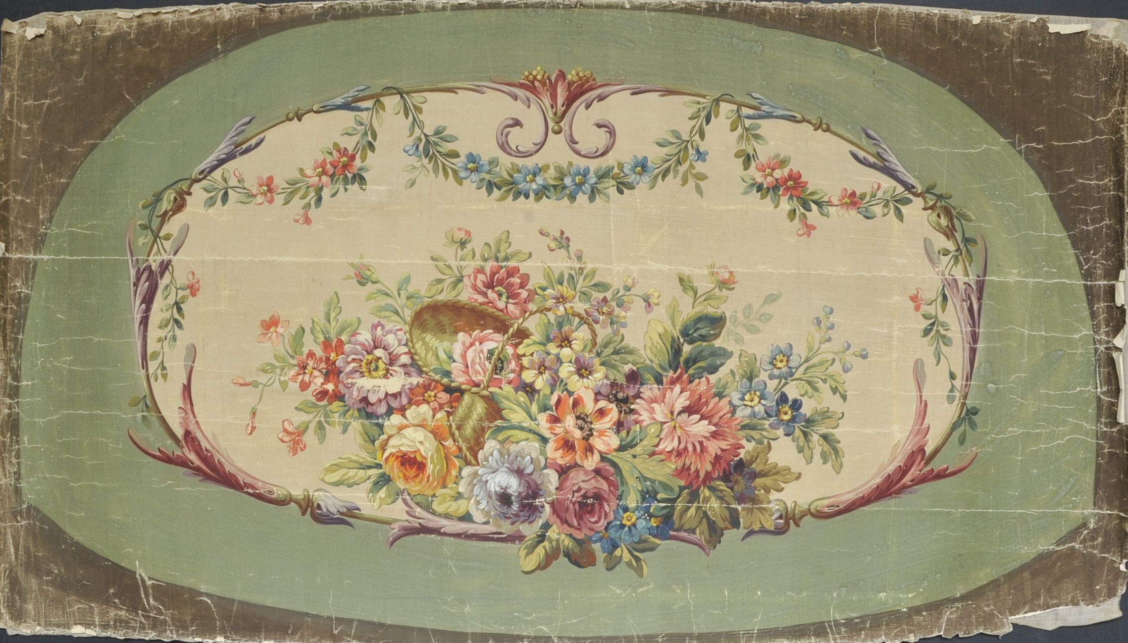 French 19th Century Aubusson Cardboard with Flower Basket Decor For Sale