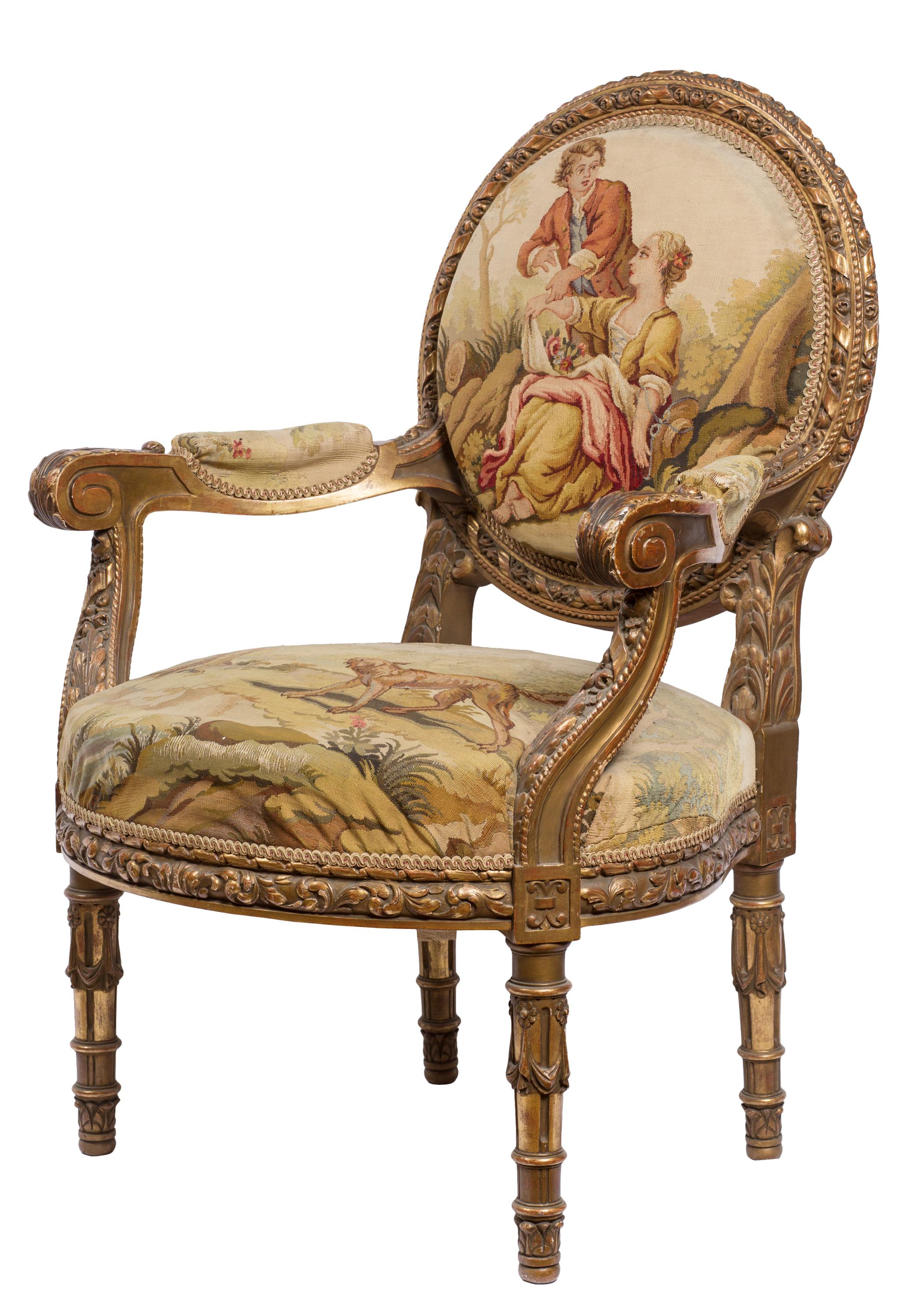 19th C. French 3 Piece Giltwood Salon Suite, Settee, Pair Armchairs, Tapestry For Sale 4