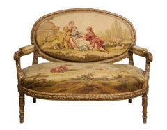 Antique French Three Piece Sofa Set with Armchairs, Original Tapestry Fabric