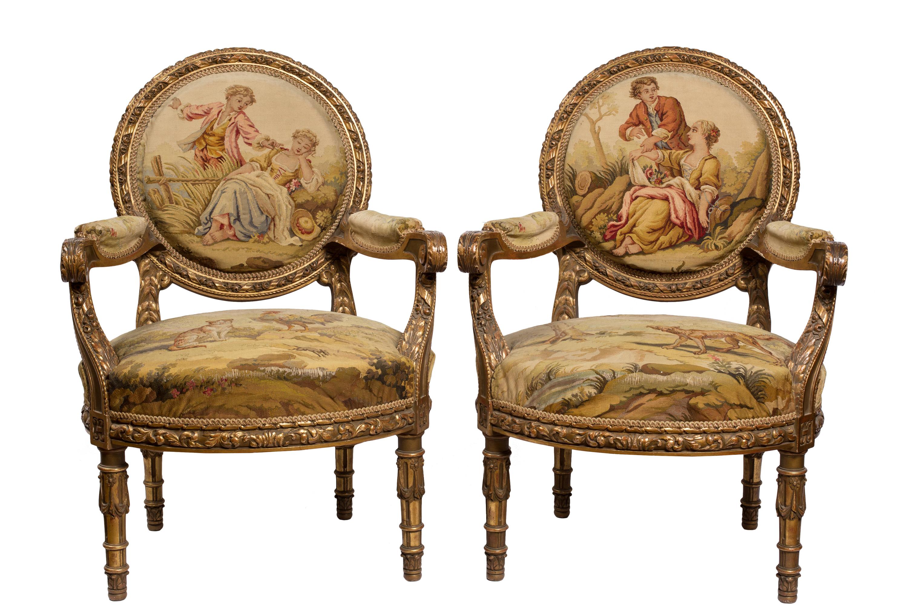 Louis XVI 19th C. French 3 Piece Giltwood Salon Suite, Settee, Pair Armchairs, Tapestry For Sale