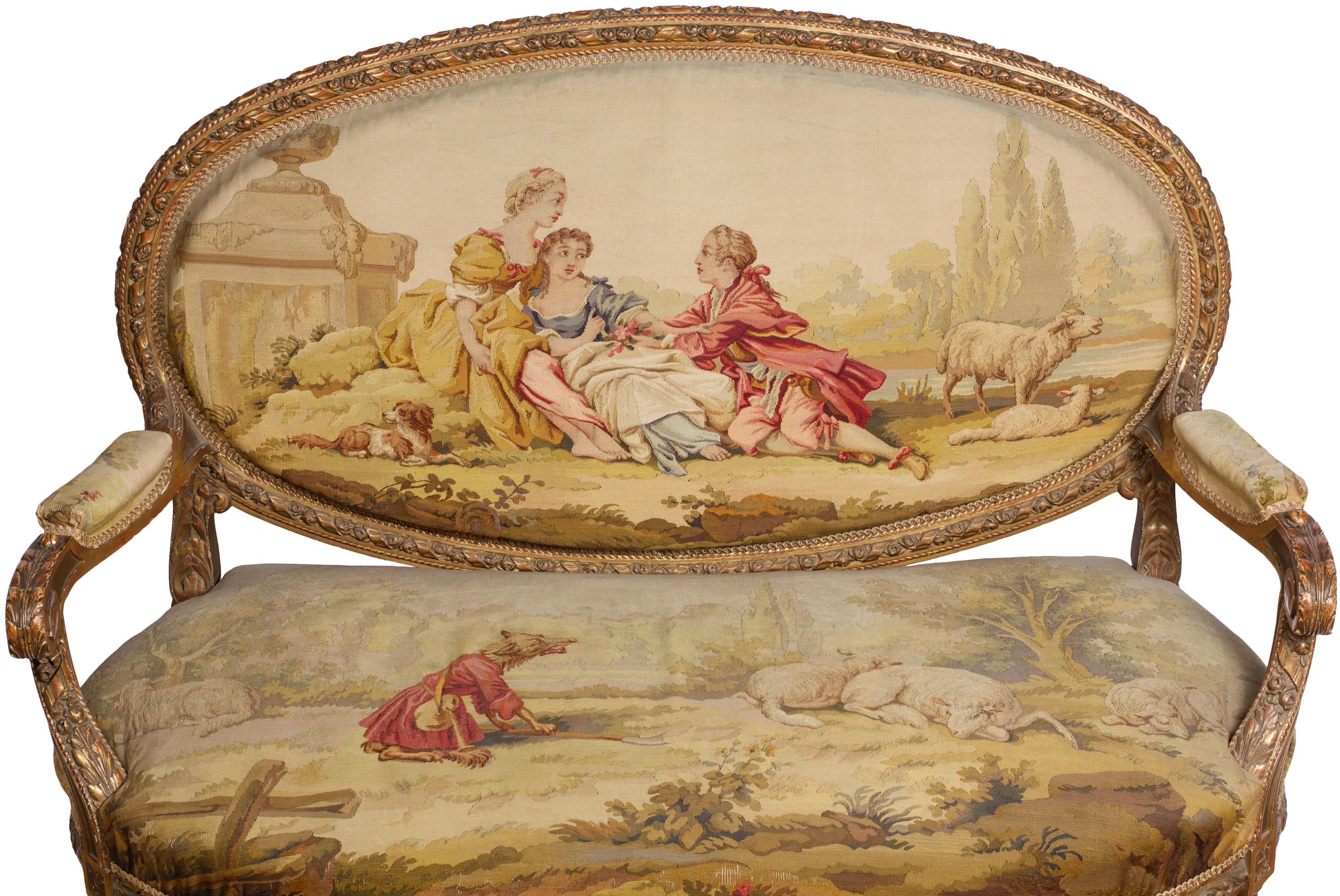 19. Jahrhundert, Aubusson-Salonsuite aus vergoldetem Holz mit Sofa und Sesselpaar (Französisch) im Angebot