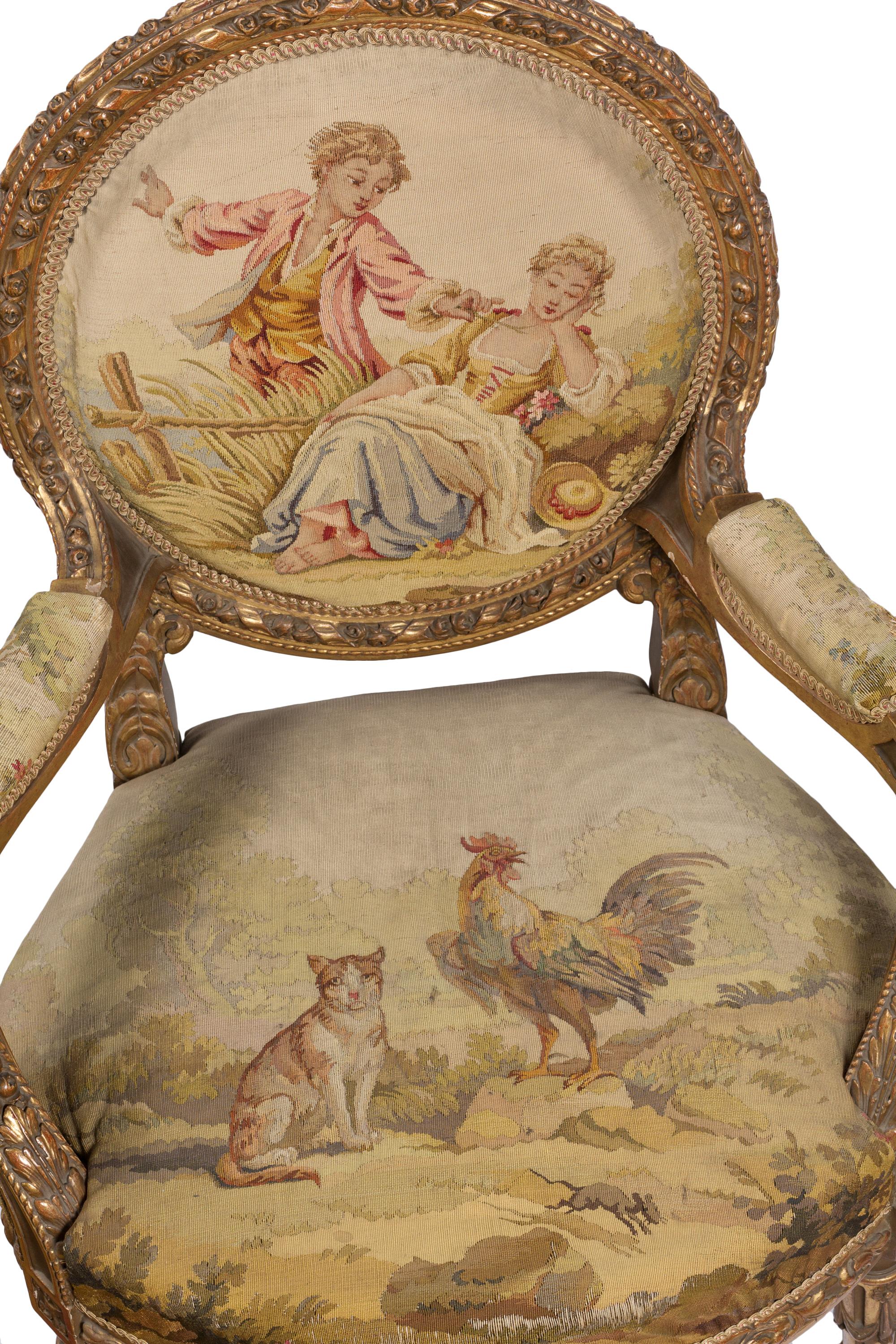 19. Jahrhundert, Aubusson-Salonsuite aus vergoldetem Holz mit Sofa und Sesselpaar im Angebot 1