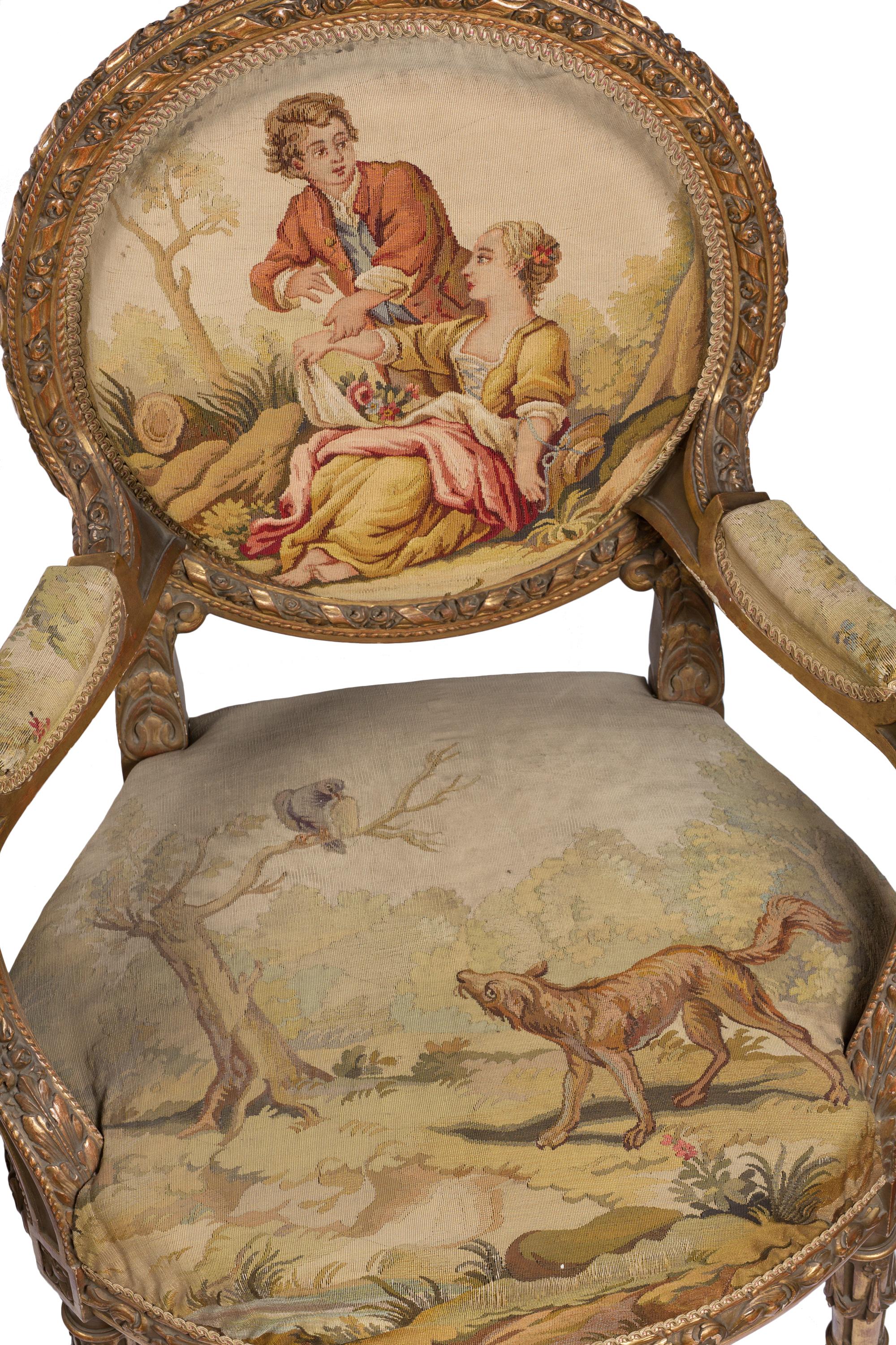 19th C. French 3 Piece Giltwood Salon Suite, Settee, Pair Armchairs, Tapestry For Sale 3